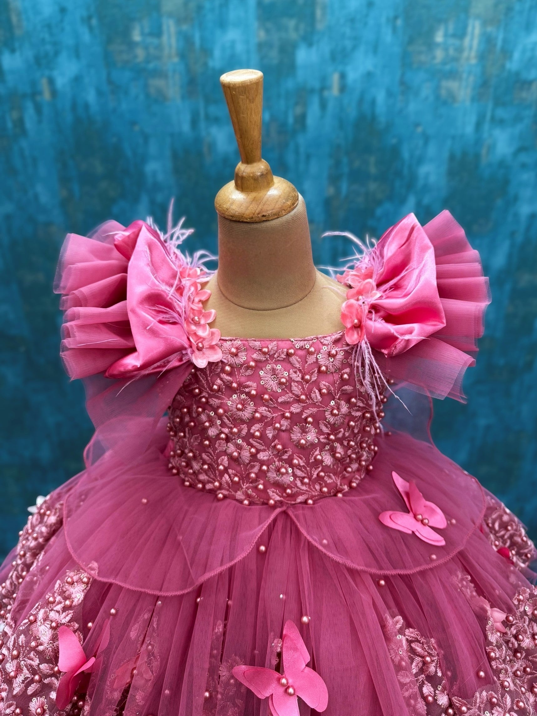 dusty rose pink lace and pearl gown