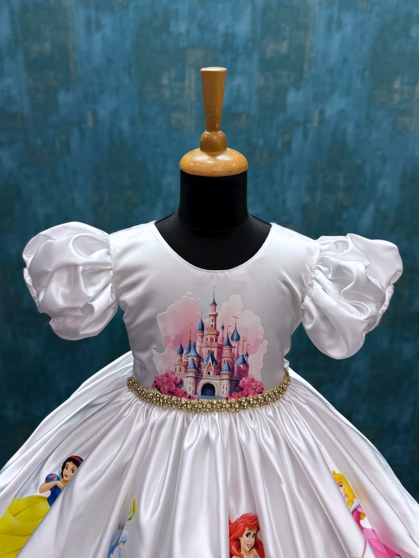 disney princess satin gown with castle top and puff sleeves