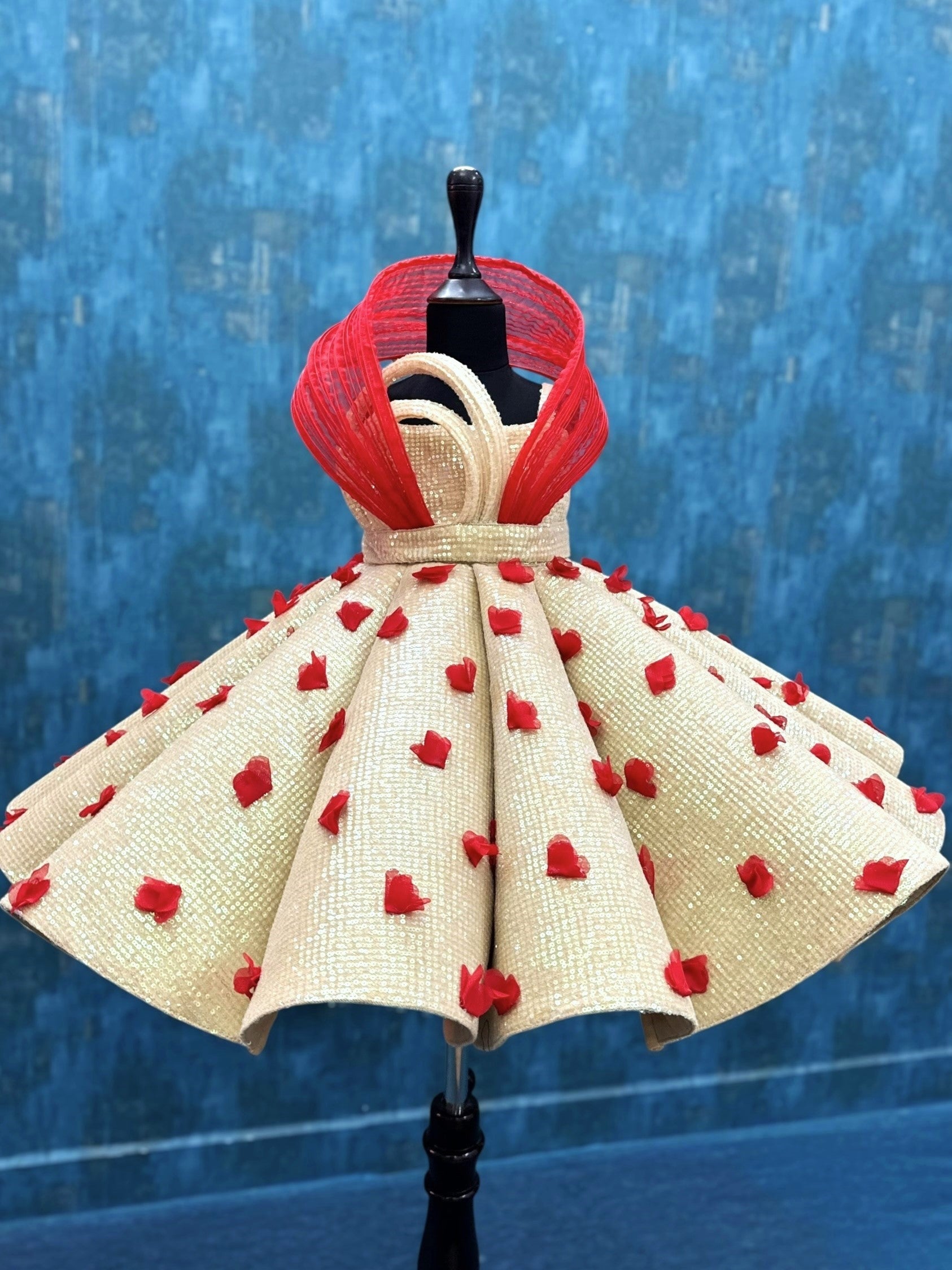 Royal Crimson Rose Petal Champagne Princess Party Gown