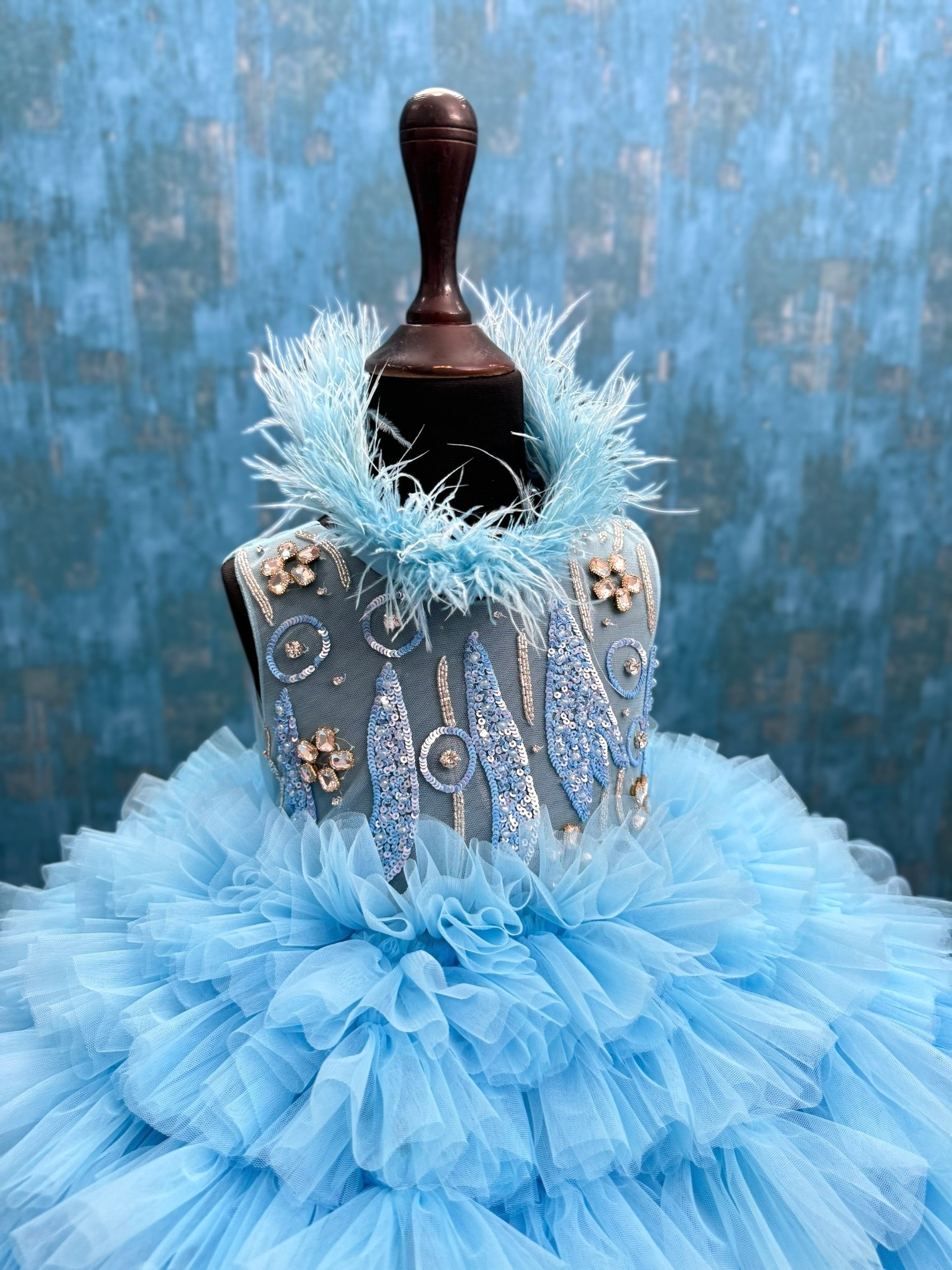 Ice Blue Frost Feather Royale Princess Ball Gown