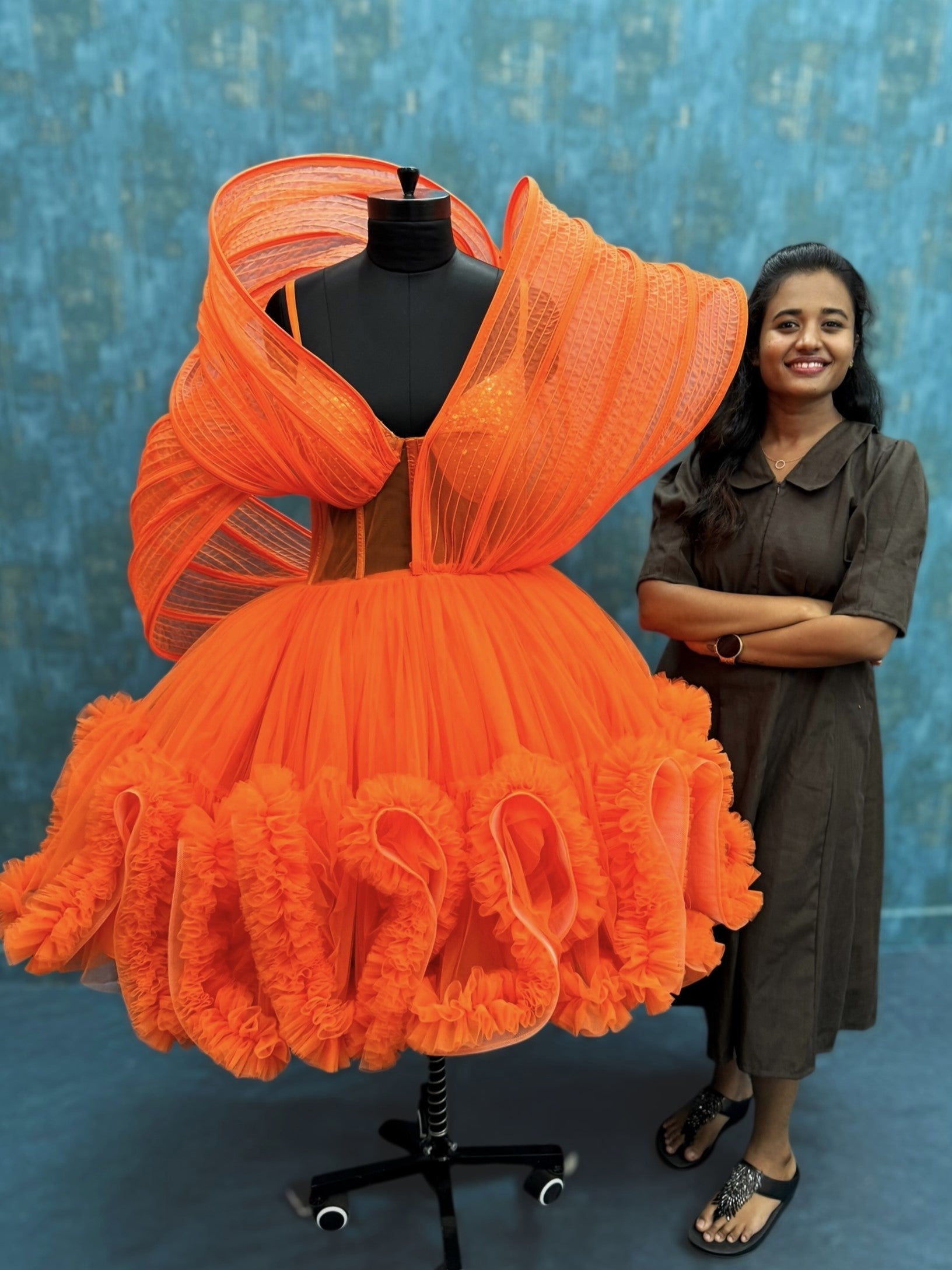 Orange Structured Ruffle Corset Gown