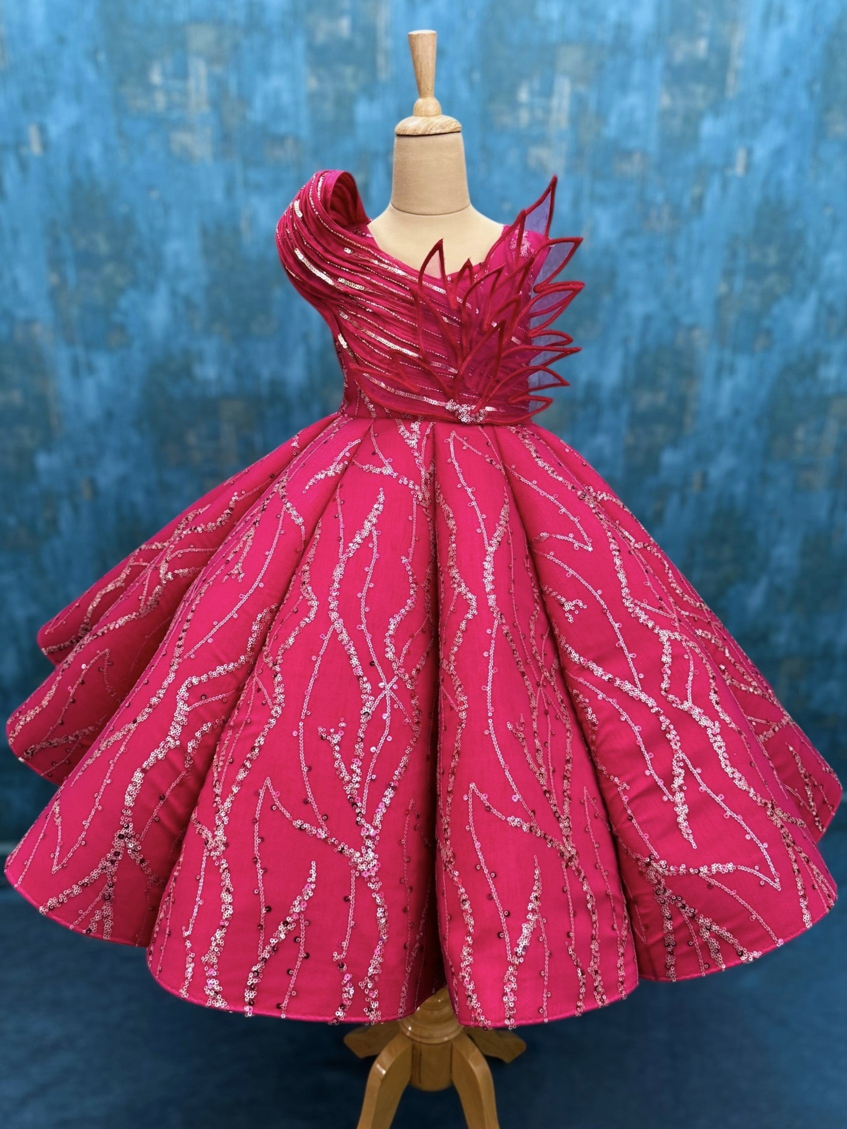 Pink Structured Panel Ball Gown with Embossing Bows and Hand Embroidered Petals