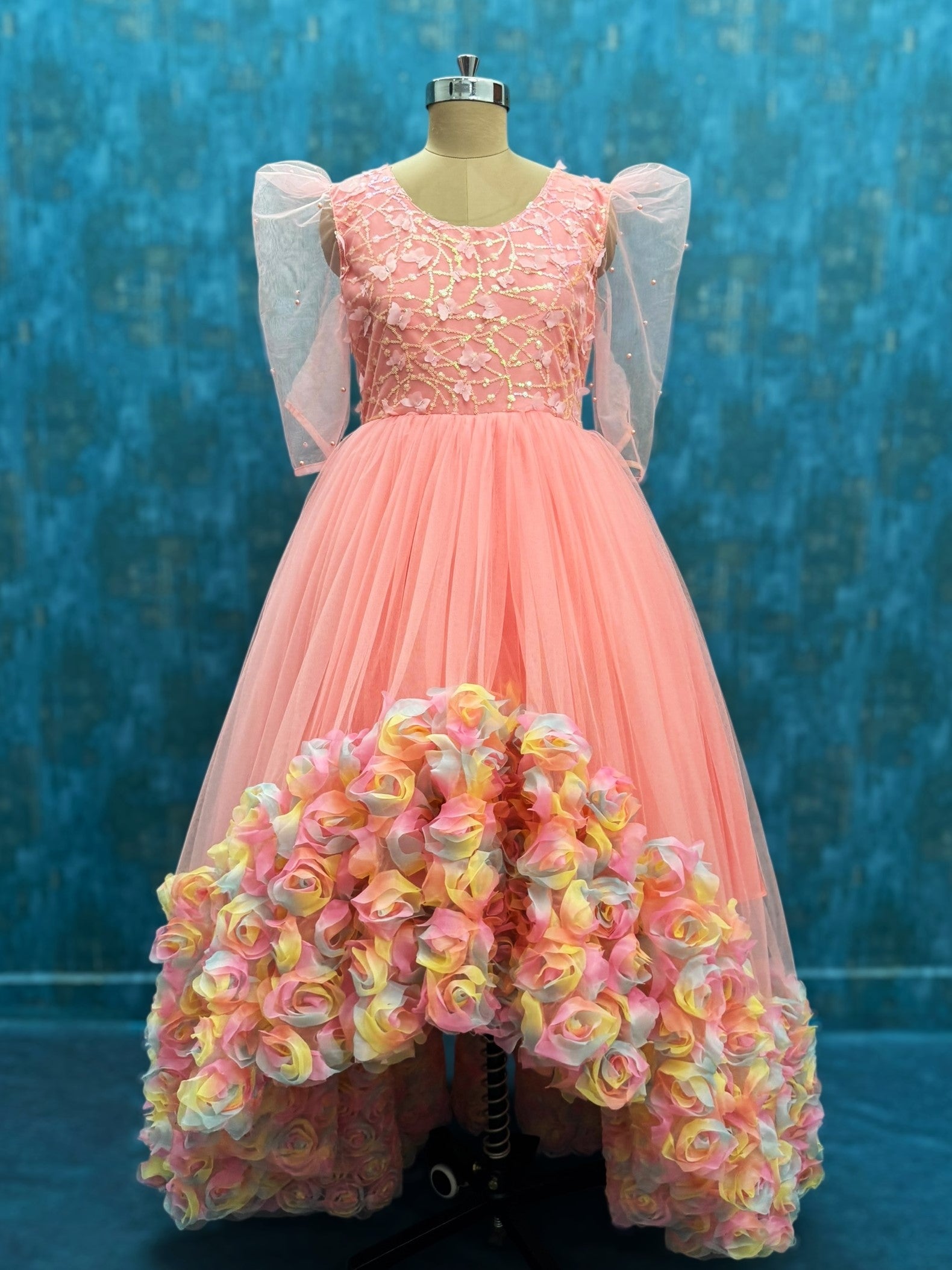 Peach Blossom Waterfall High-Low Floral Couture Dress