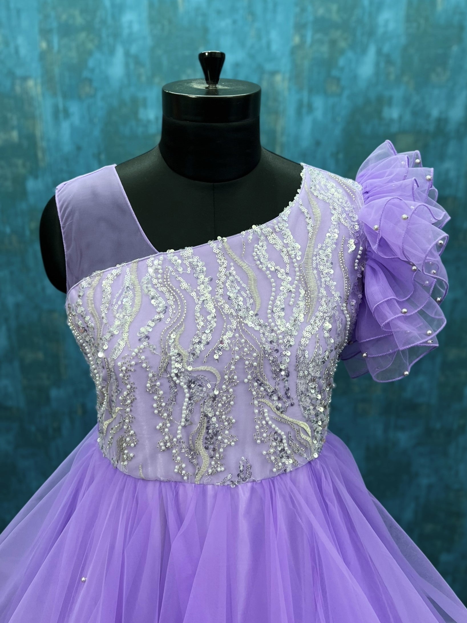 Lavender Seraphina Dream One-Shoulder Beaded Bodice Layered Couture Gown