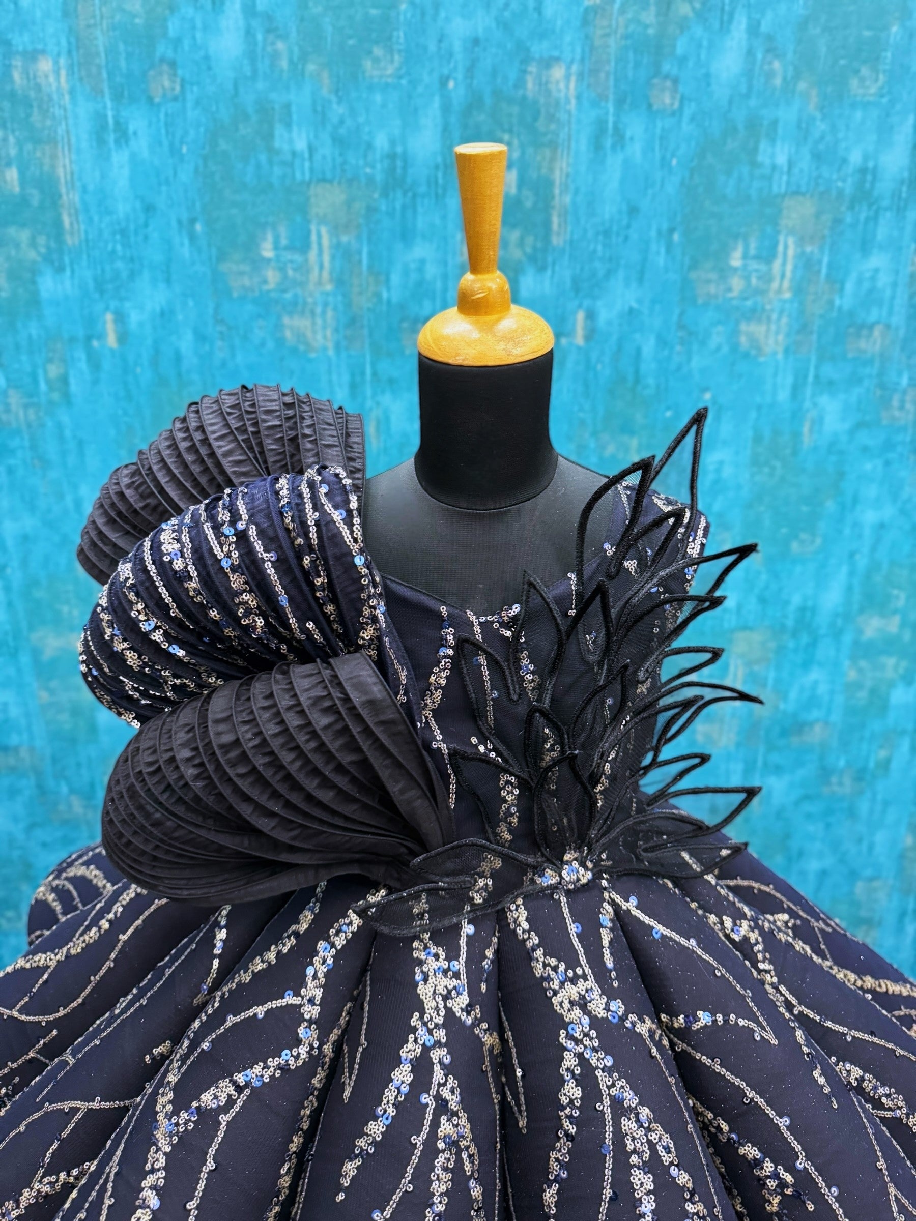 Black Structured Panel Ball Gown with Embossing Bows and Hand Embroidered Petals