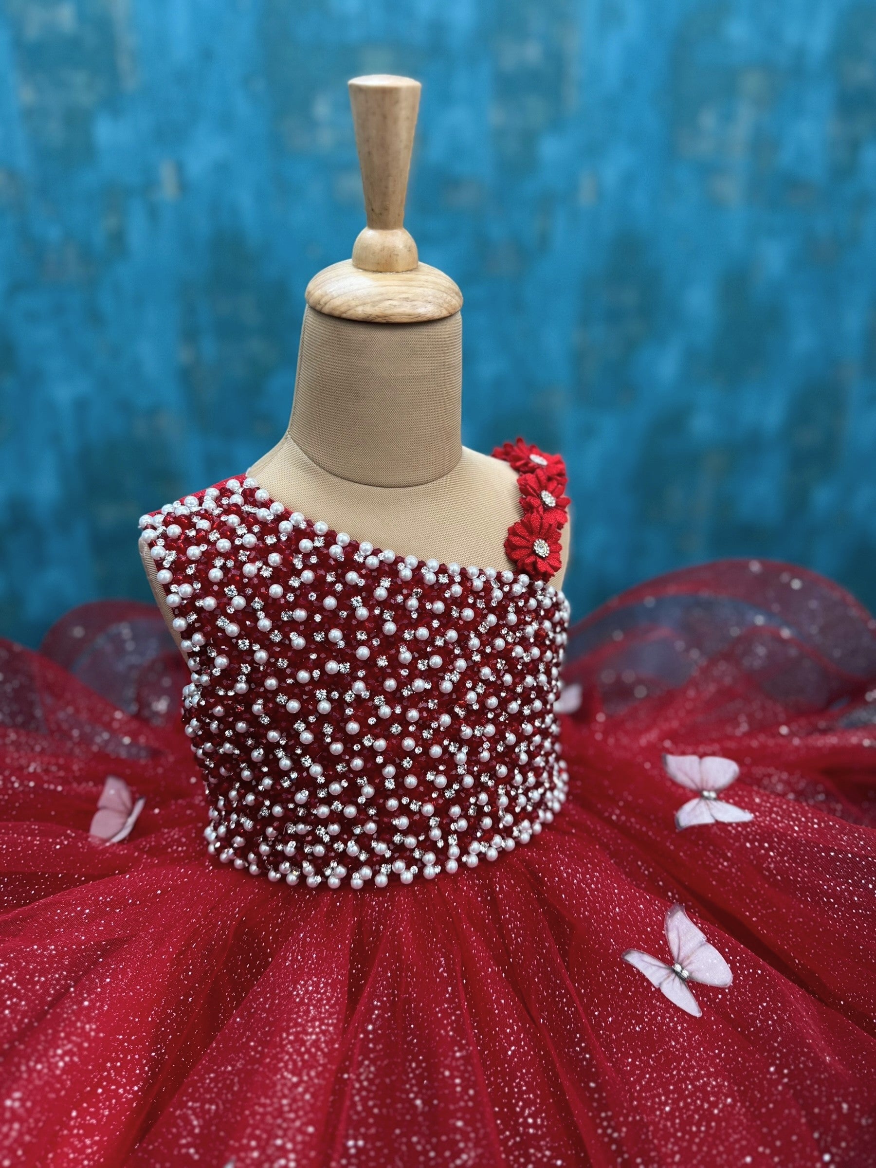 Red Butterfly Bliss Couture gown with intricate work