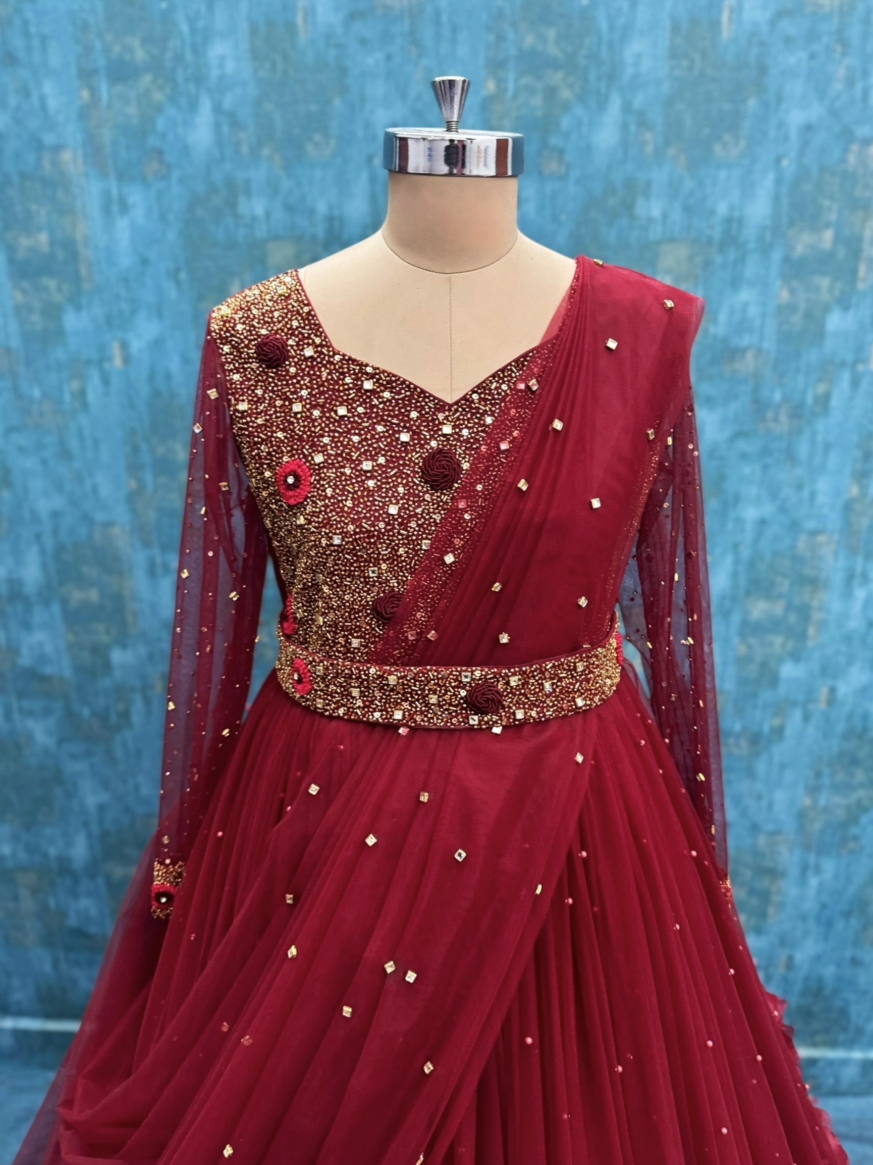 Ruby Bloom Majesty Pearl-Studded Couture Anarkali Gown With Draped Dupatta