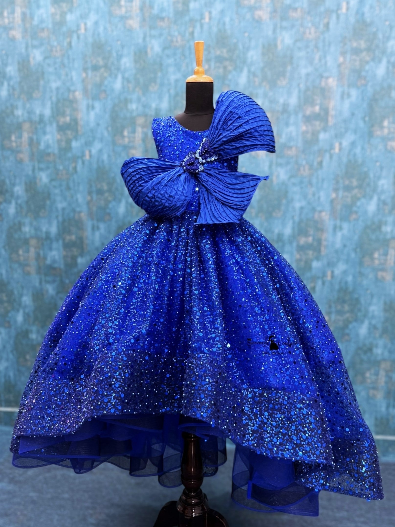 Midnight Blue Star fall Crystal Grand Bow Princess Ball Gown