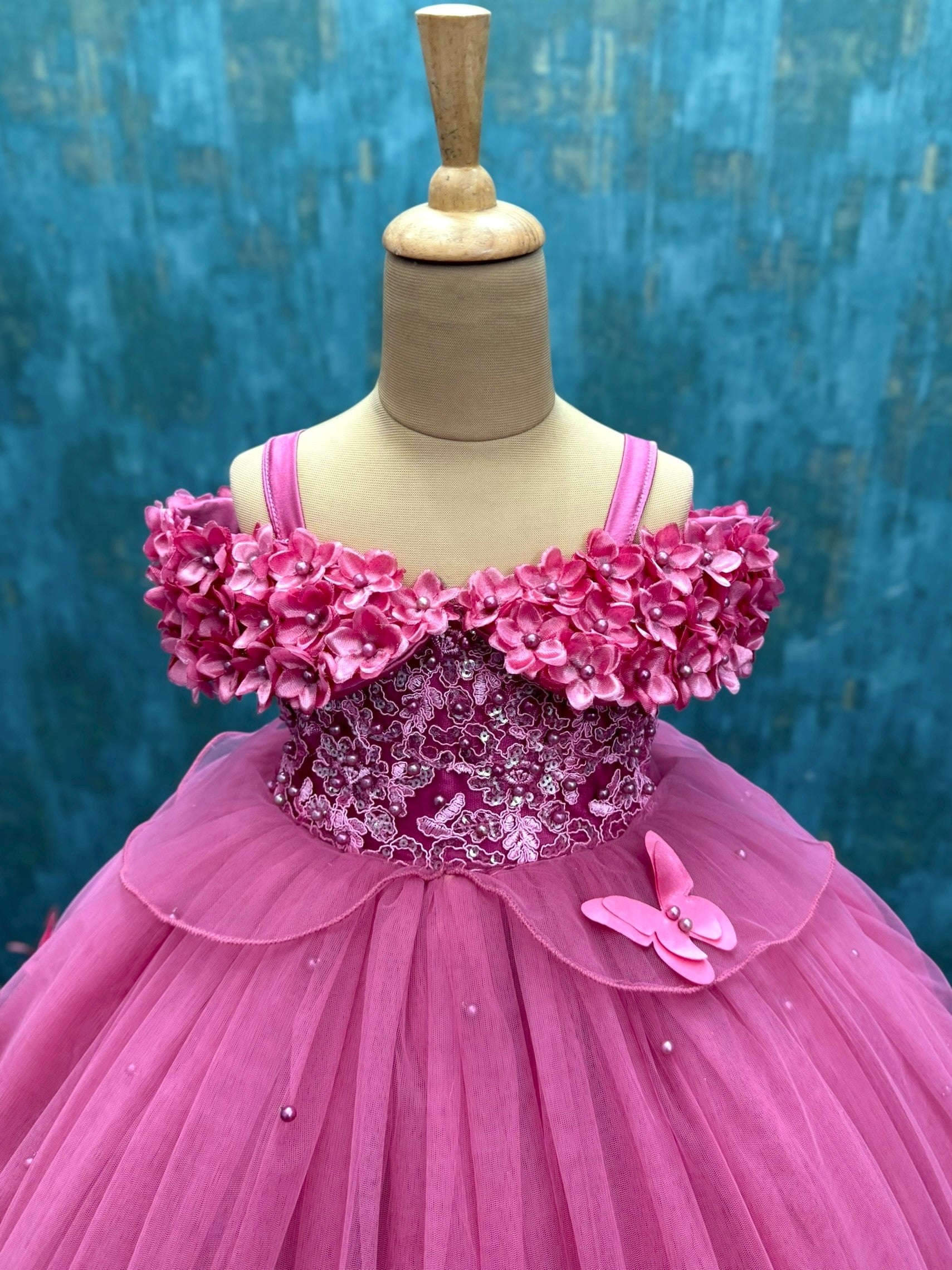 Dusty Rose Pink Lace And Pearl Ball Gown