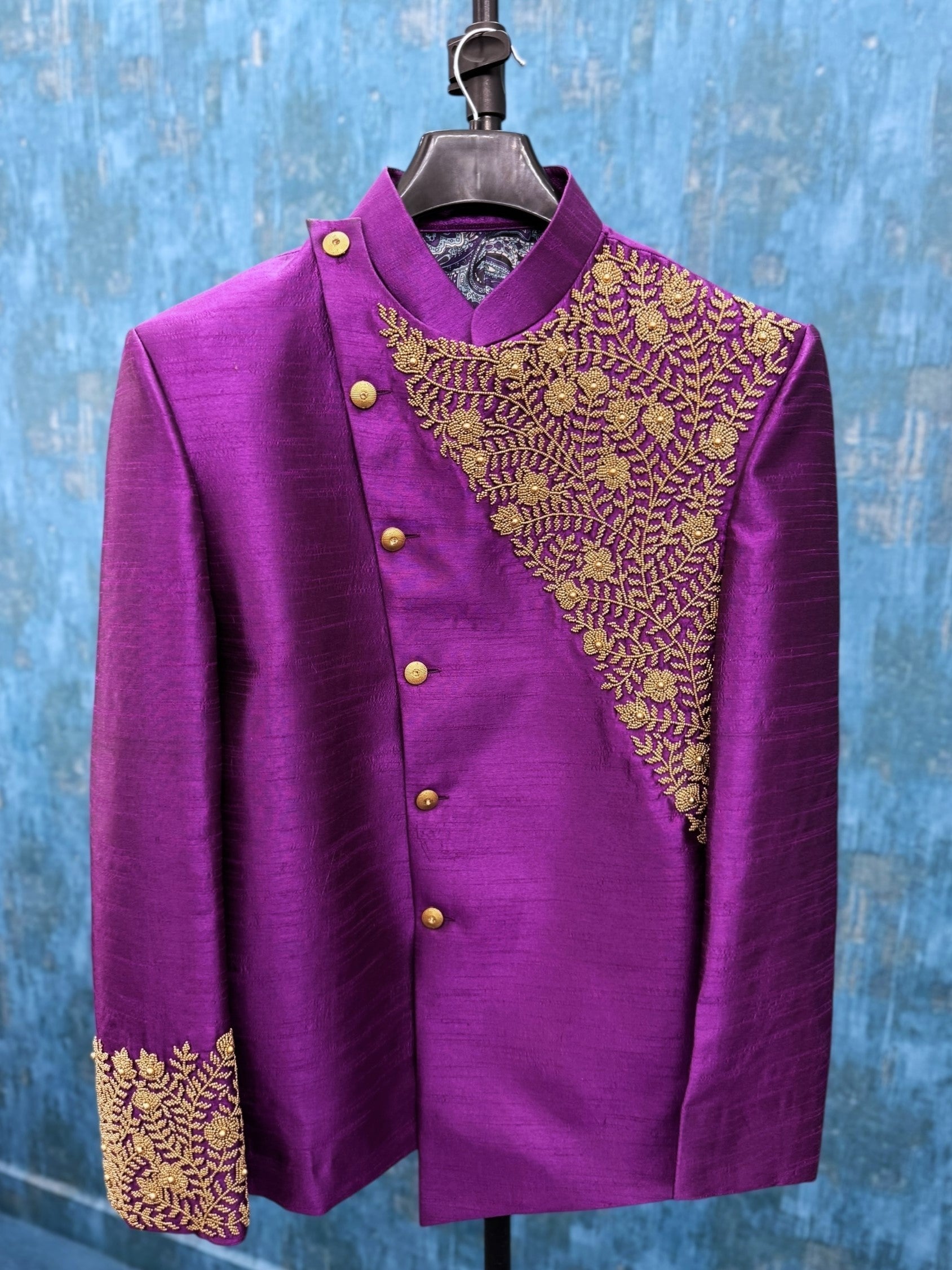Royal Purple Silk Touch Antique Gold Garden Embroidered Blazer