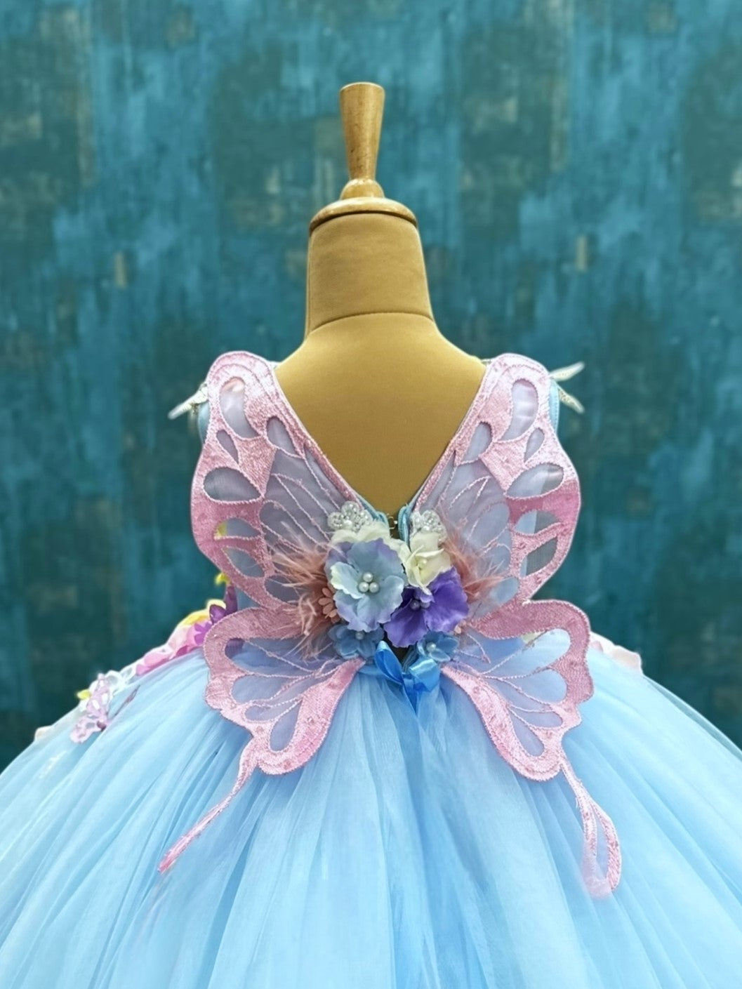 Blue 3D Ball Gown With Back Butterfly