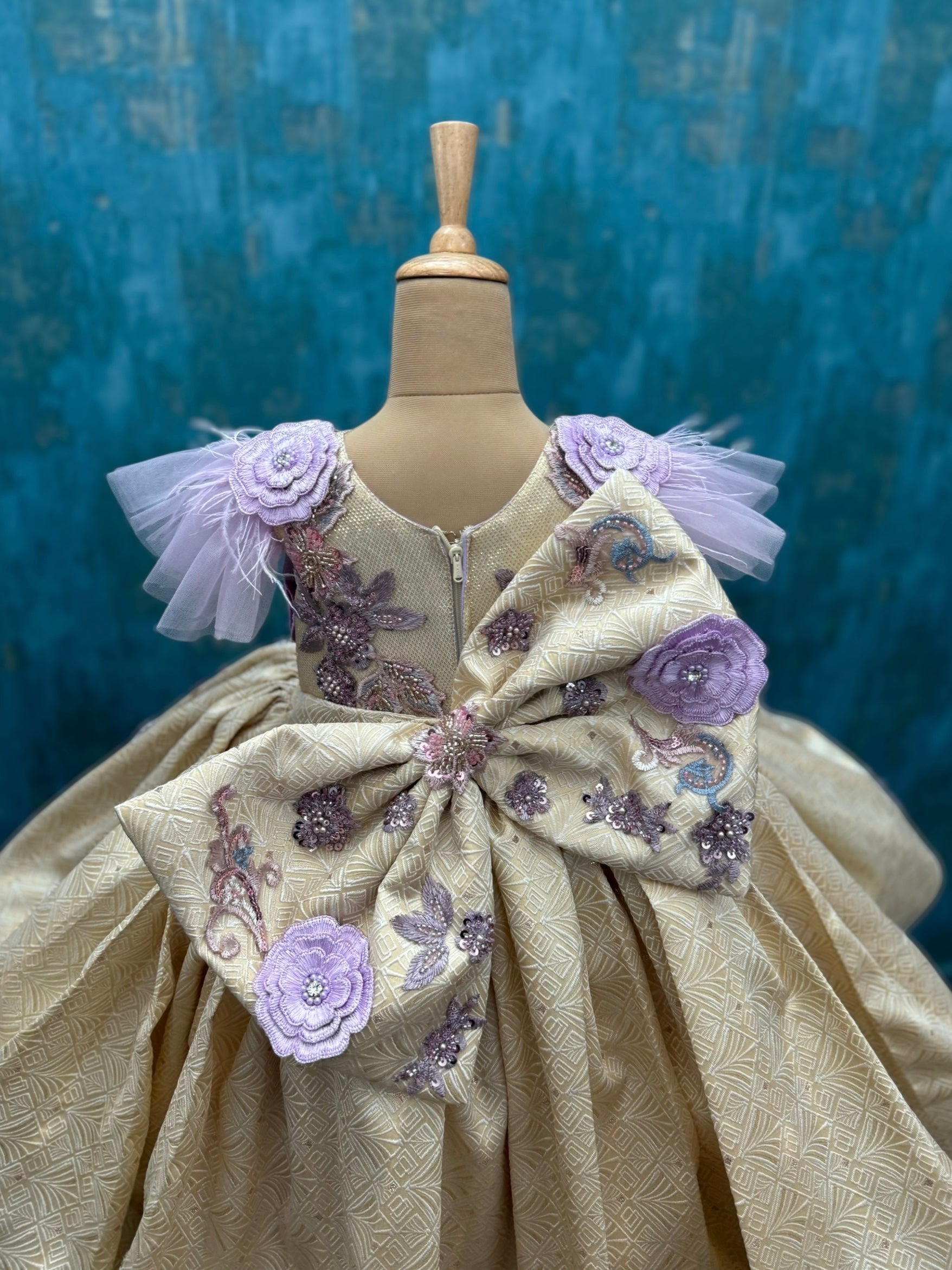 Designer Gown for Girl Online, Lavender & Gold Floral Couture Ball Gown