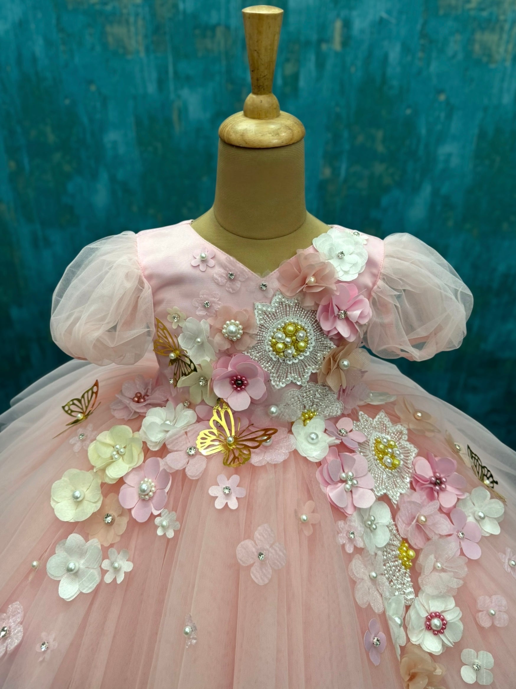 Rose Mist Pink floral and butterfly ball gown with intricate work