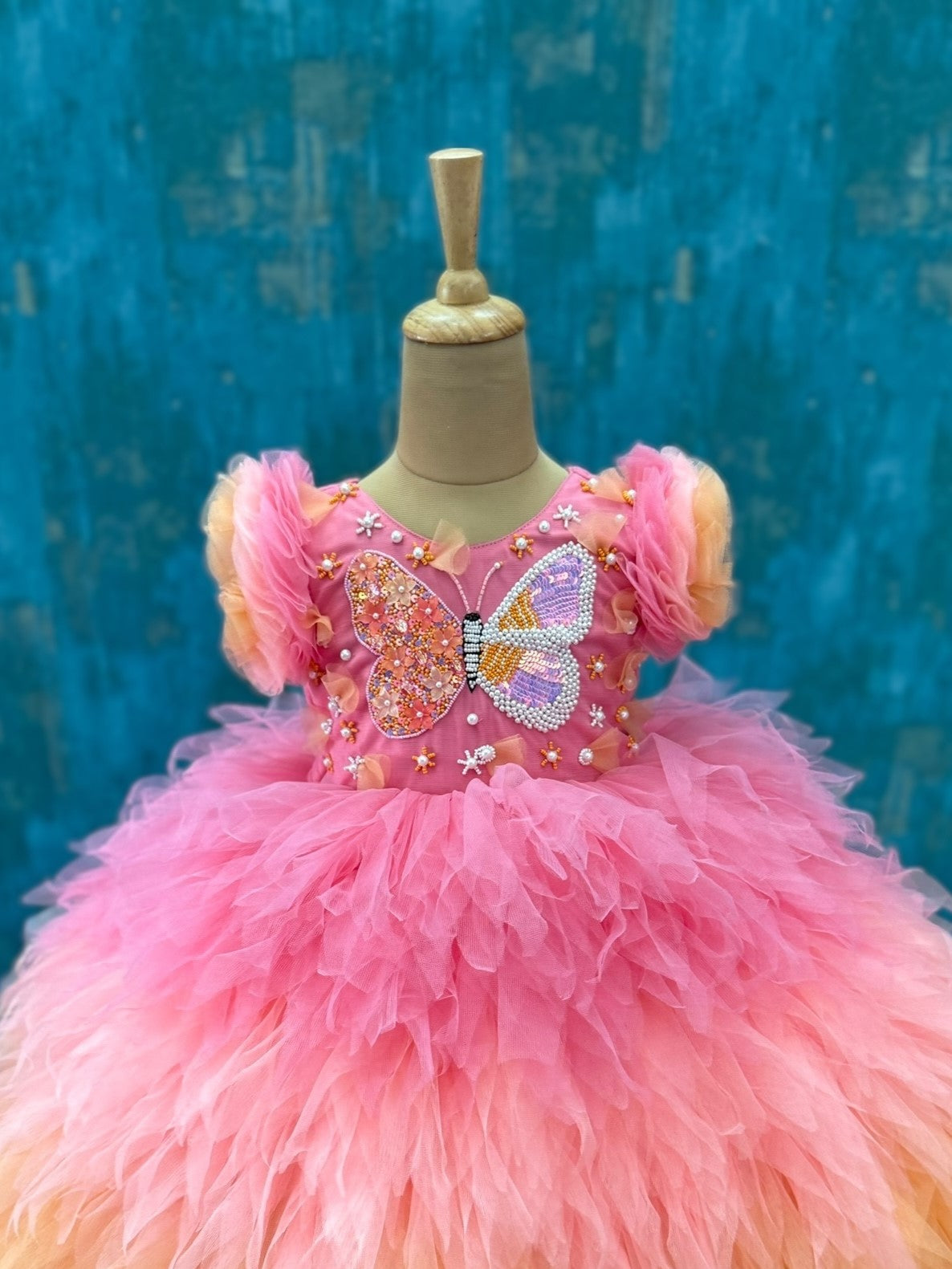 Lumière Butterfly Blush-Peach Layered Couture Gown