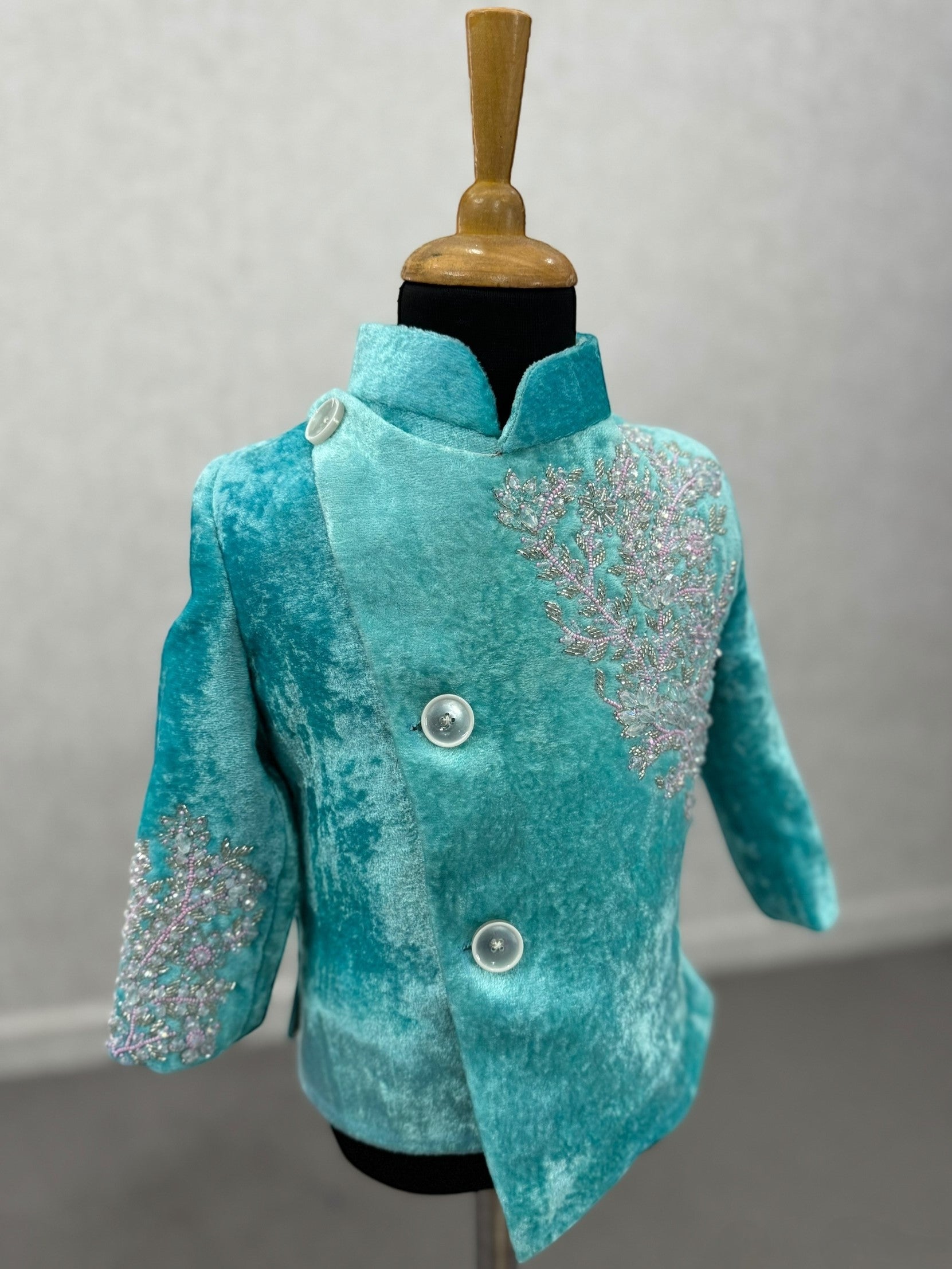 Aqua Serene Hand-Embroidered Prince Jacket