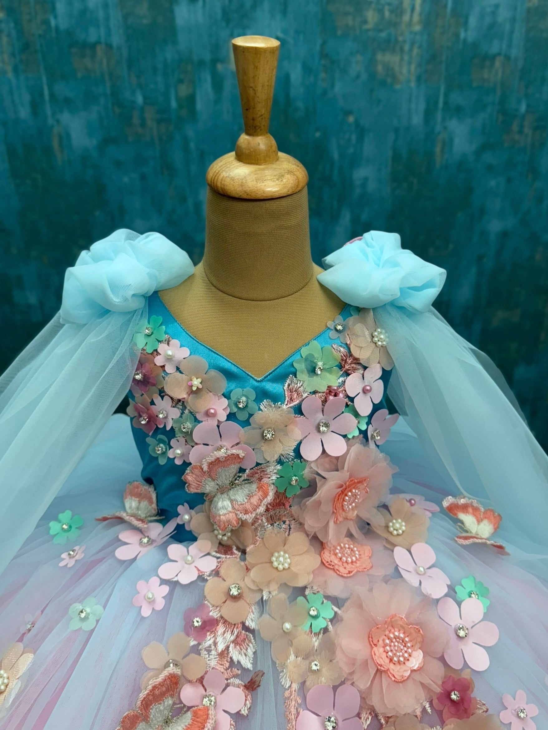 Soft Sky Petal fall Butterfly Fantasy Floral Couture Celebration Dress