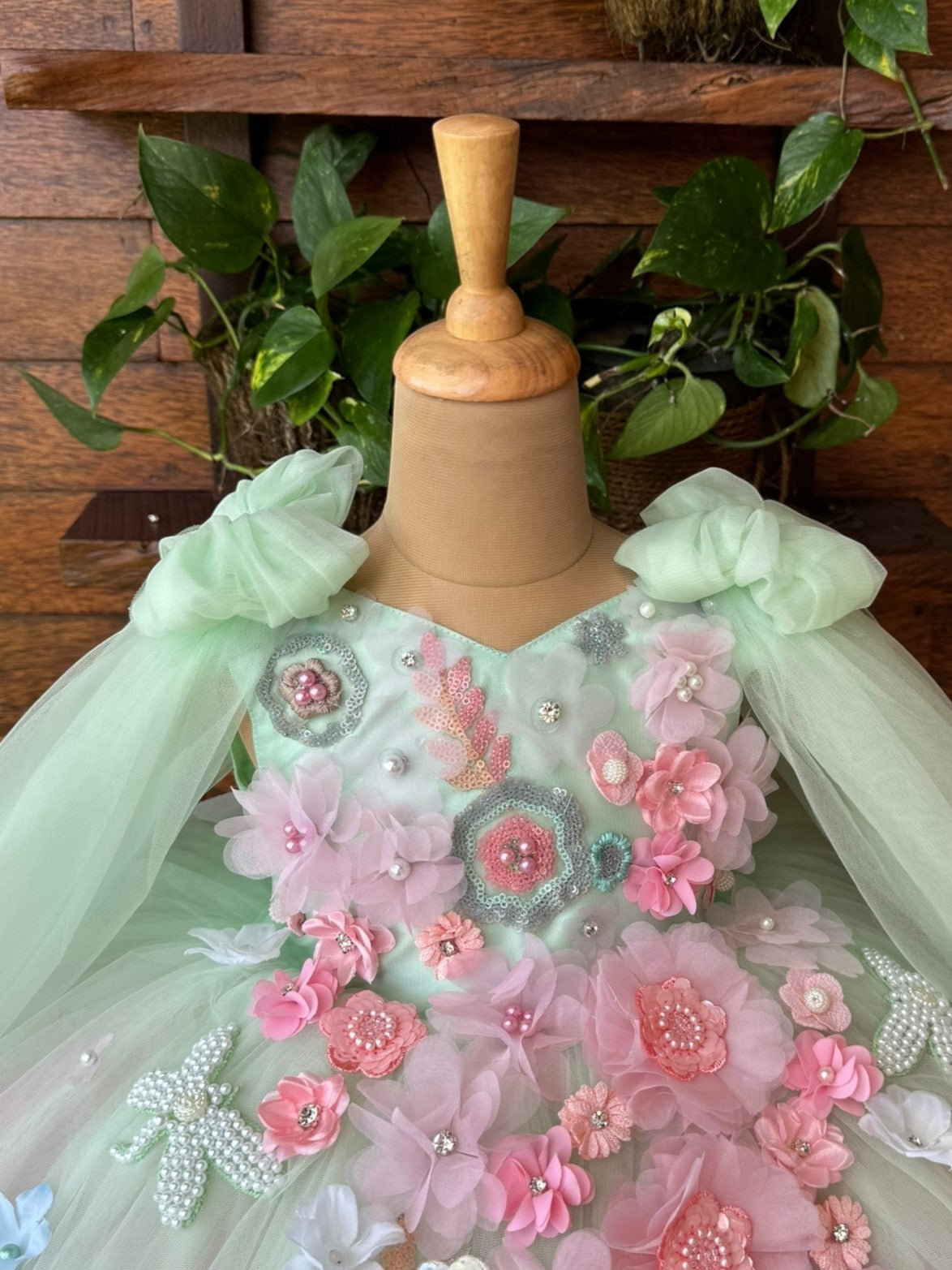 Pastel Green Petal fall Butterfly Fantasy Floral Couture Celebration Dress