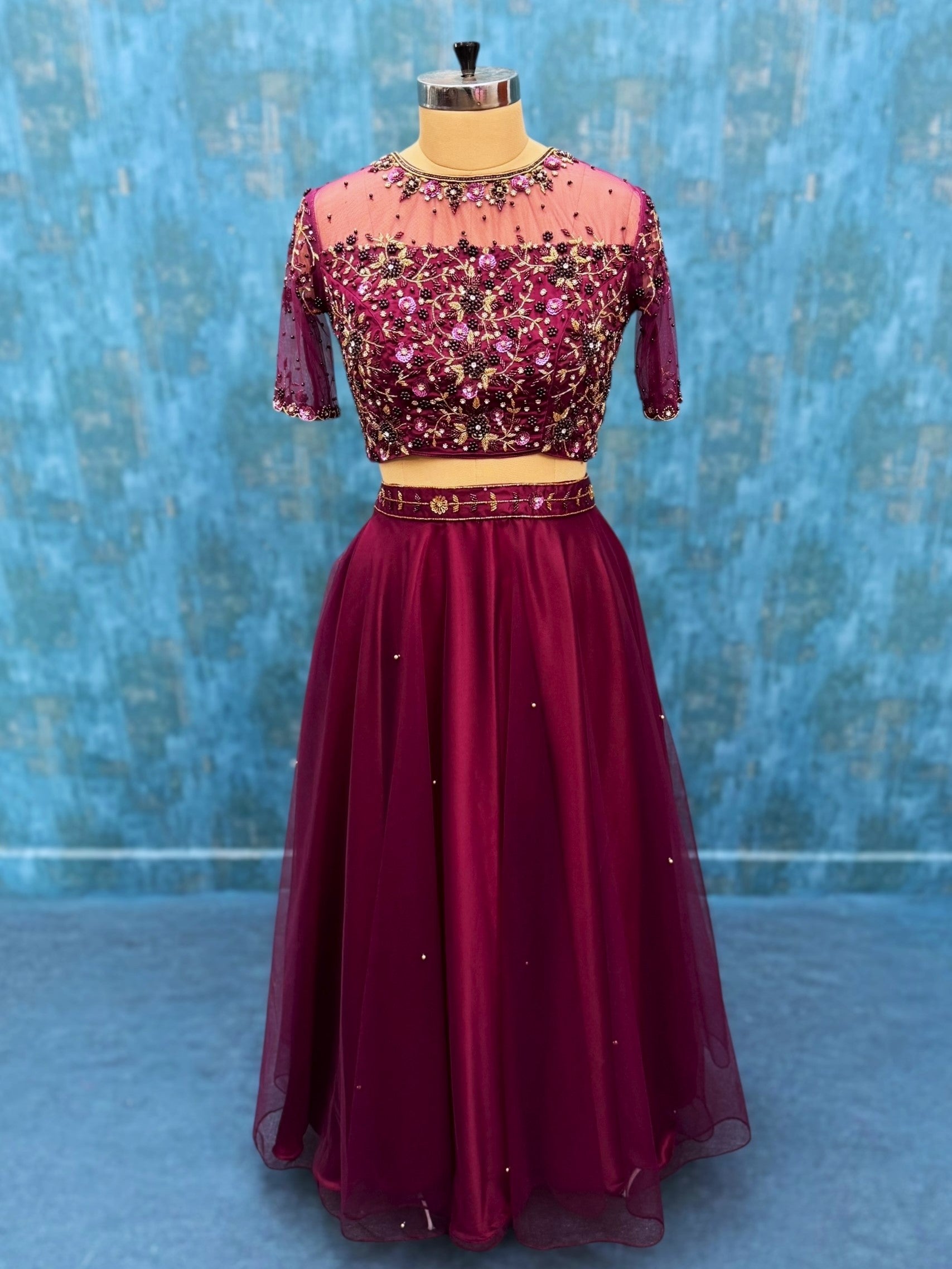 Burgundy Empress Floral Vine Hand-Embroidered Lehenga Ensemble