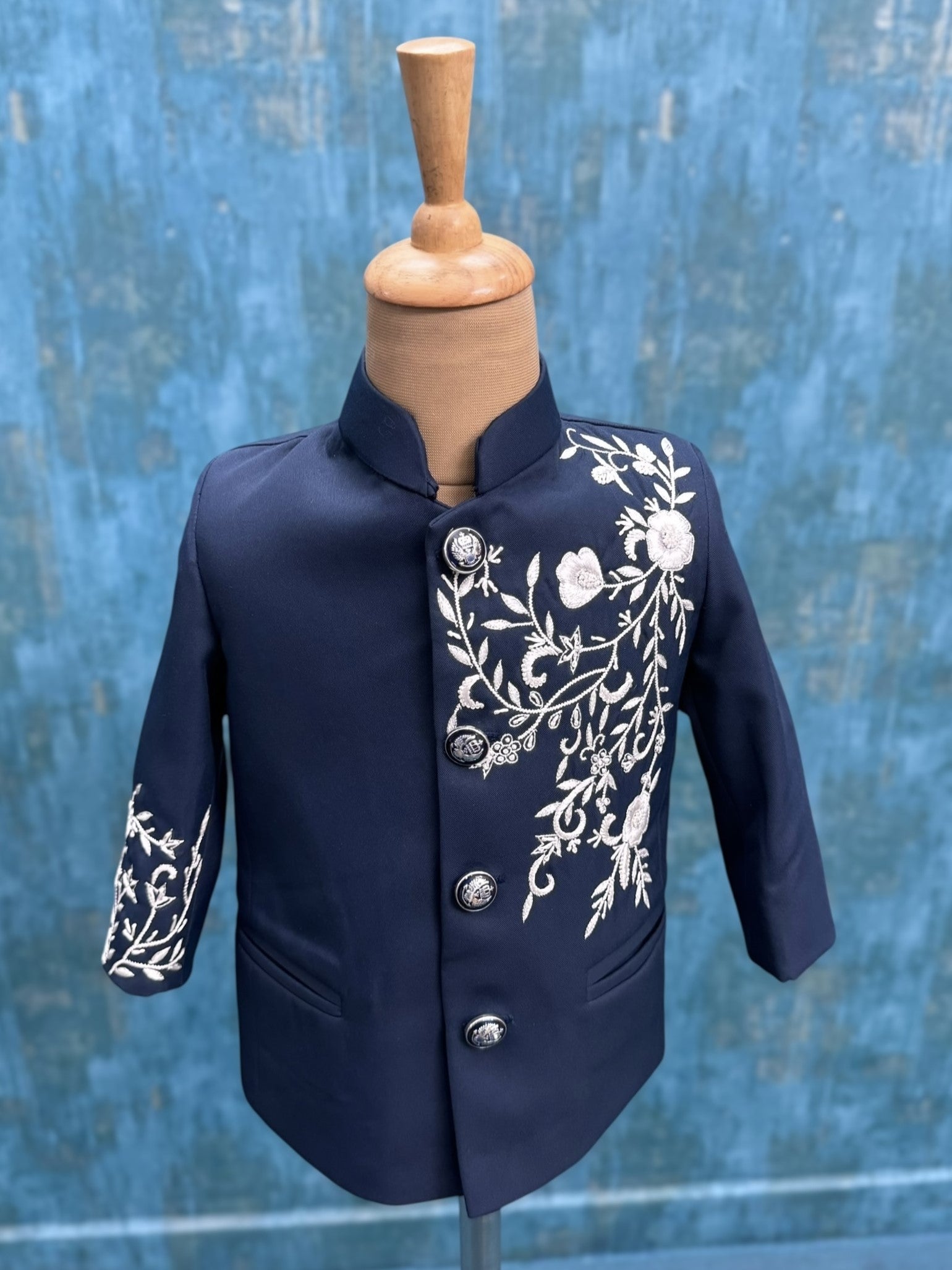 Midnight Blue Premium Fabric Silver Garden Embroidery Designer Prince Jacket