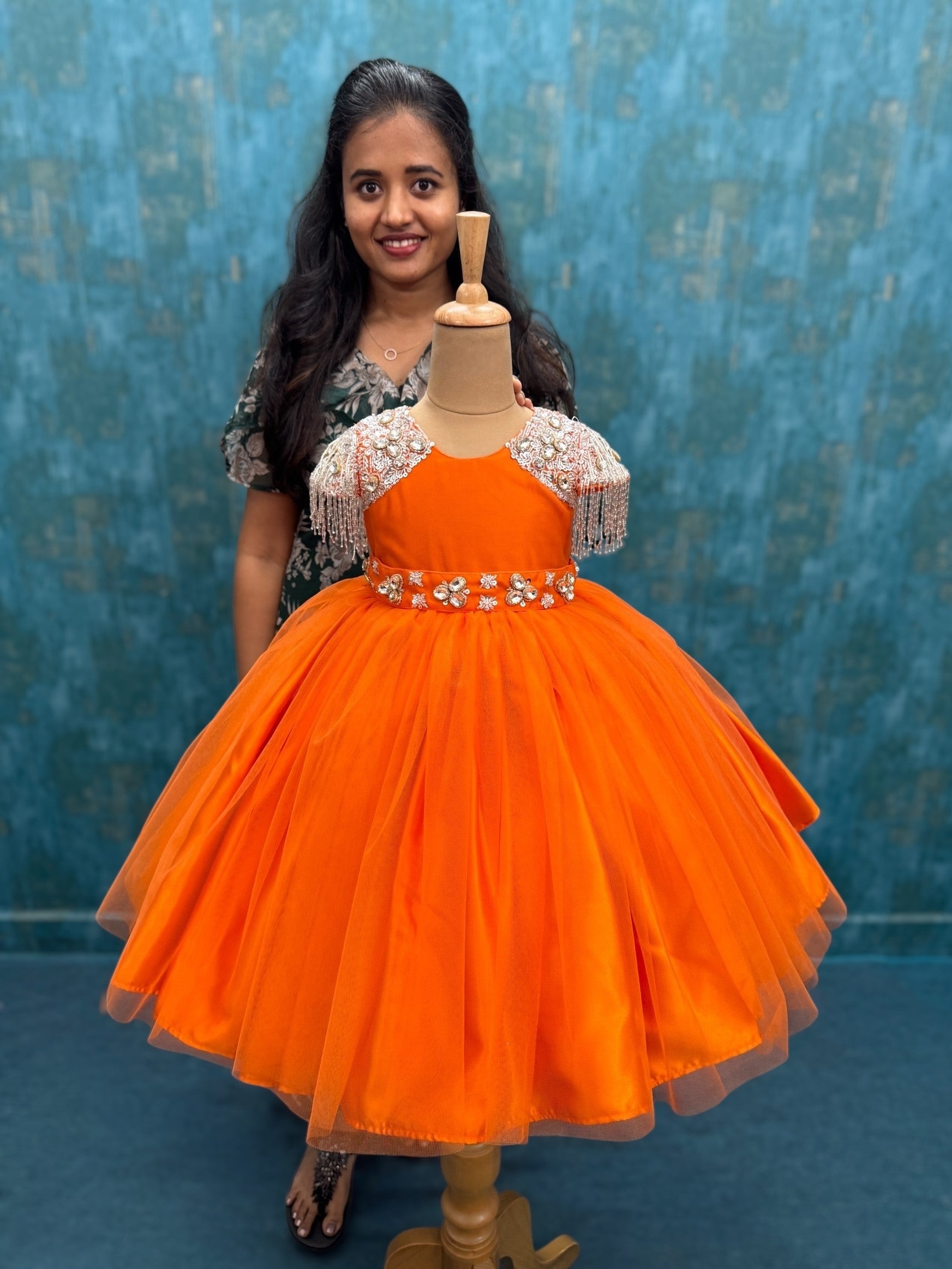 Golden Tangerine Crystal Fringe Hanging Cape Princess Couture Dress With Name trail