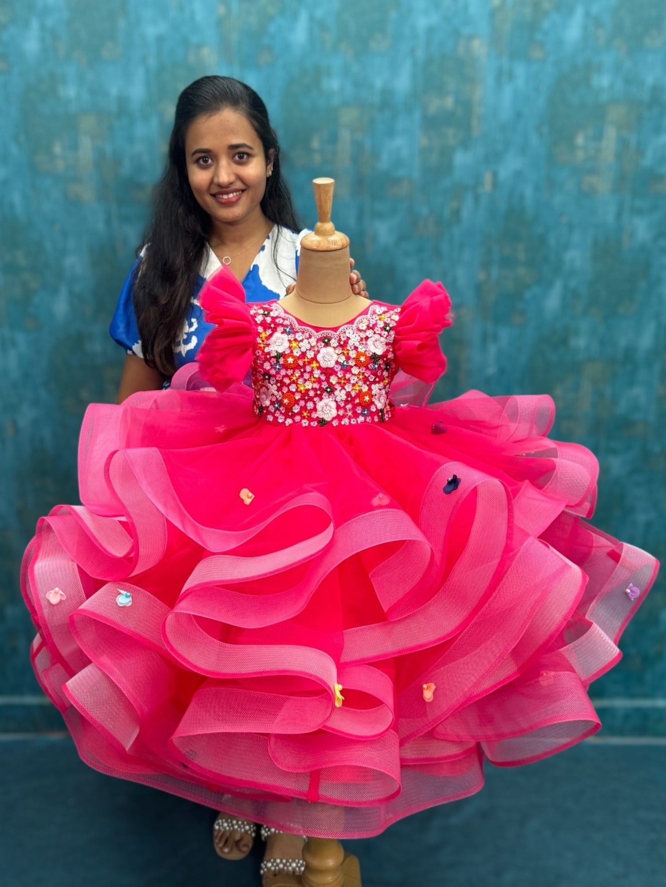 HOT PINK Blossom Dream Dress WITH FLORAL WORK TOP 5-6Y