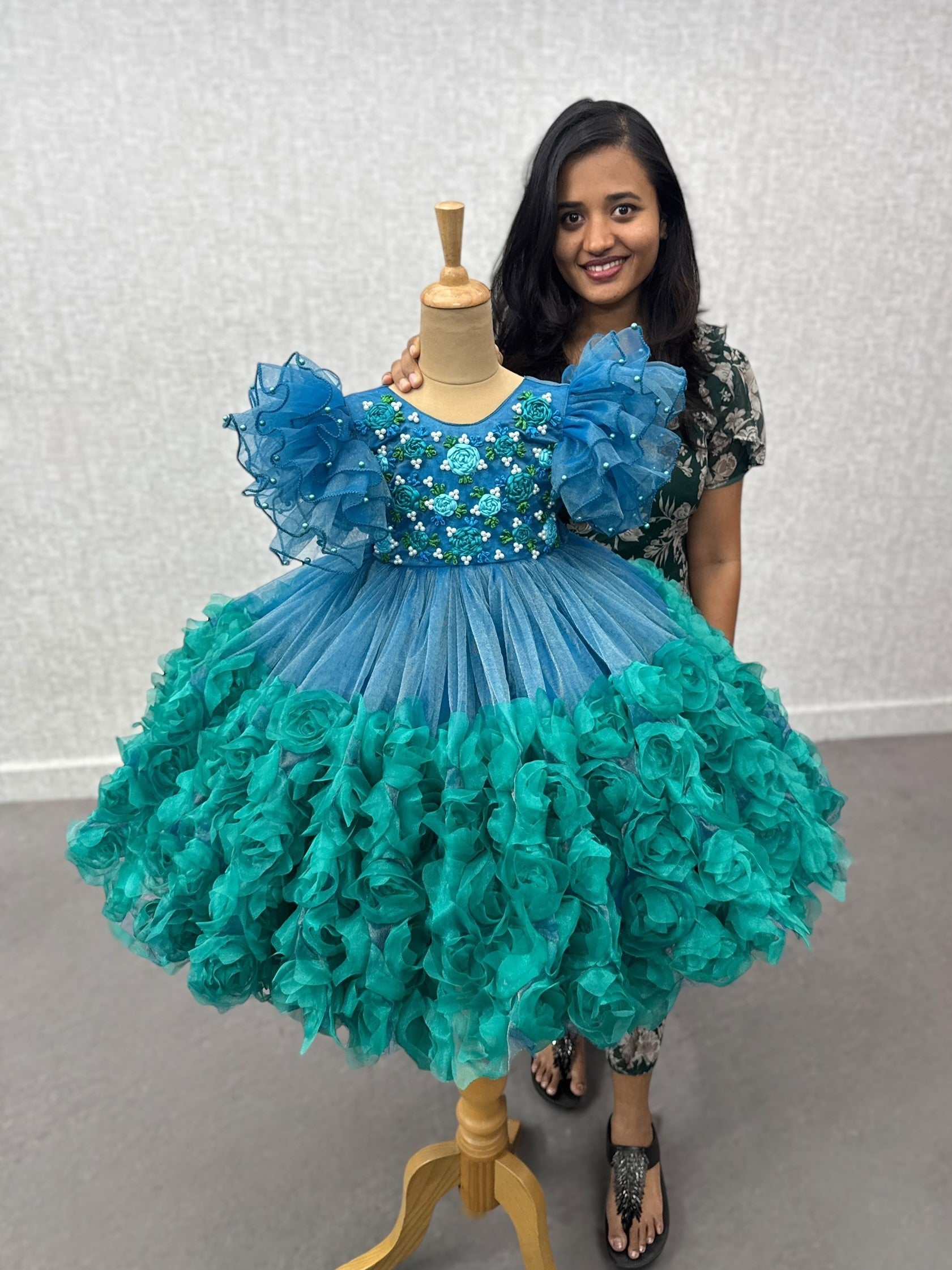 Ocean Bloom Emerald Rosette Fantasy Princess Dress With Rose Top