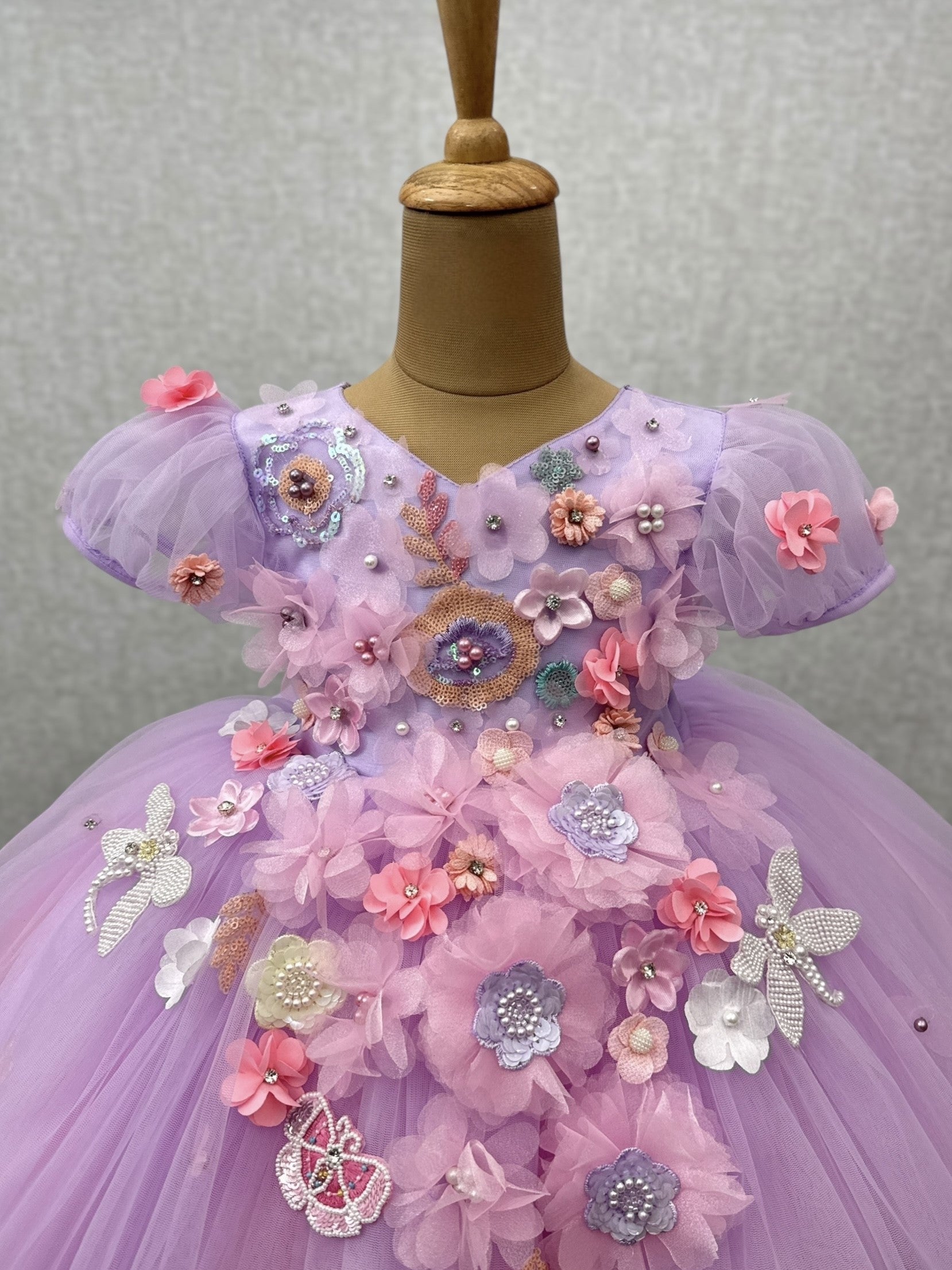 Soft Violet Rose Field 3D Floral Fantasy Princess Gown