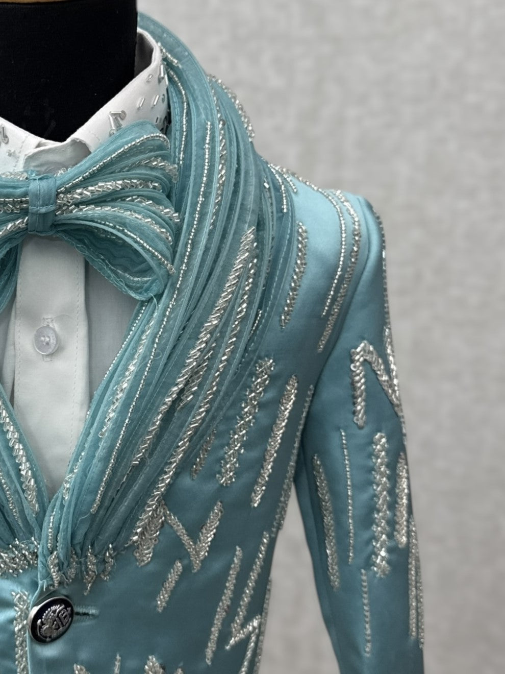 Turquoise Aqua Satin Silver Embroidered Regal Evening Blazer Set