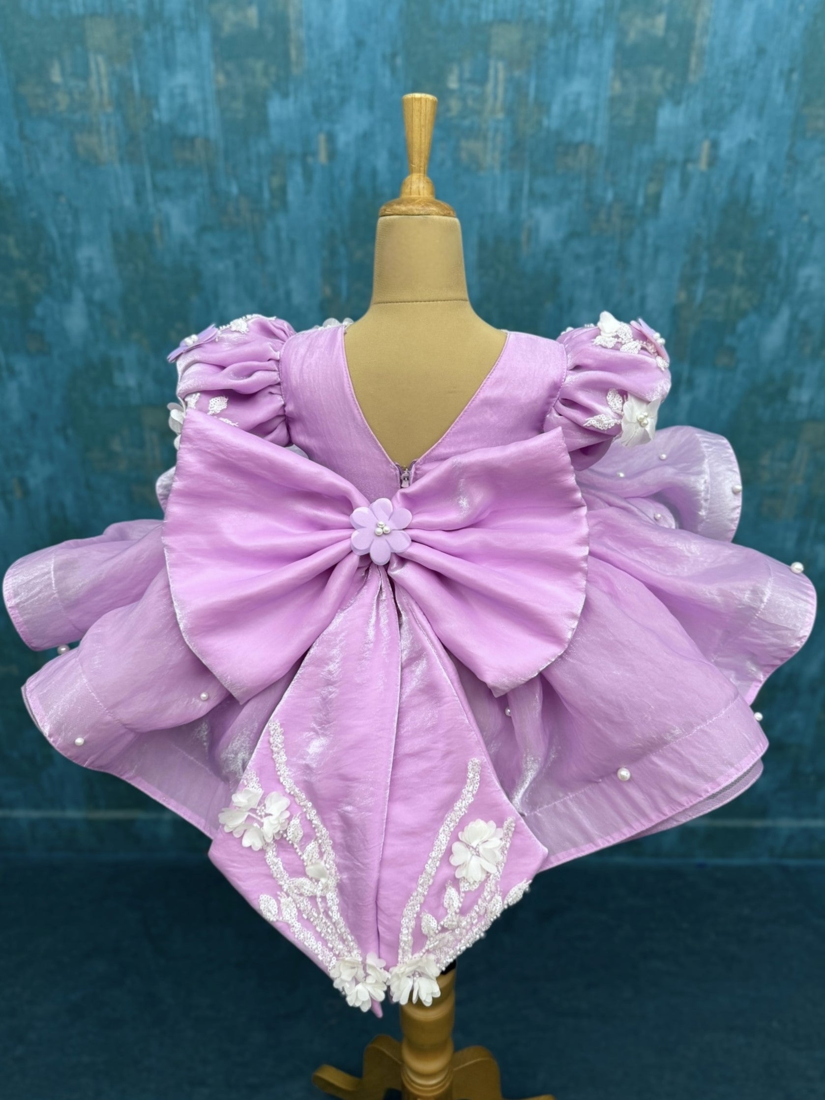 Floral Pink layer gown with puff sleeves