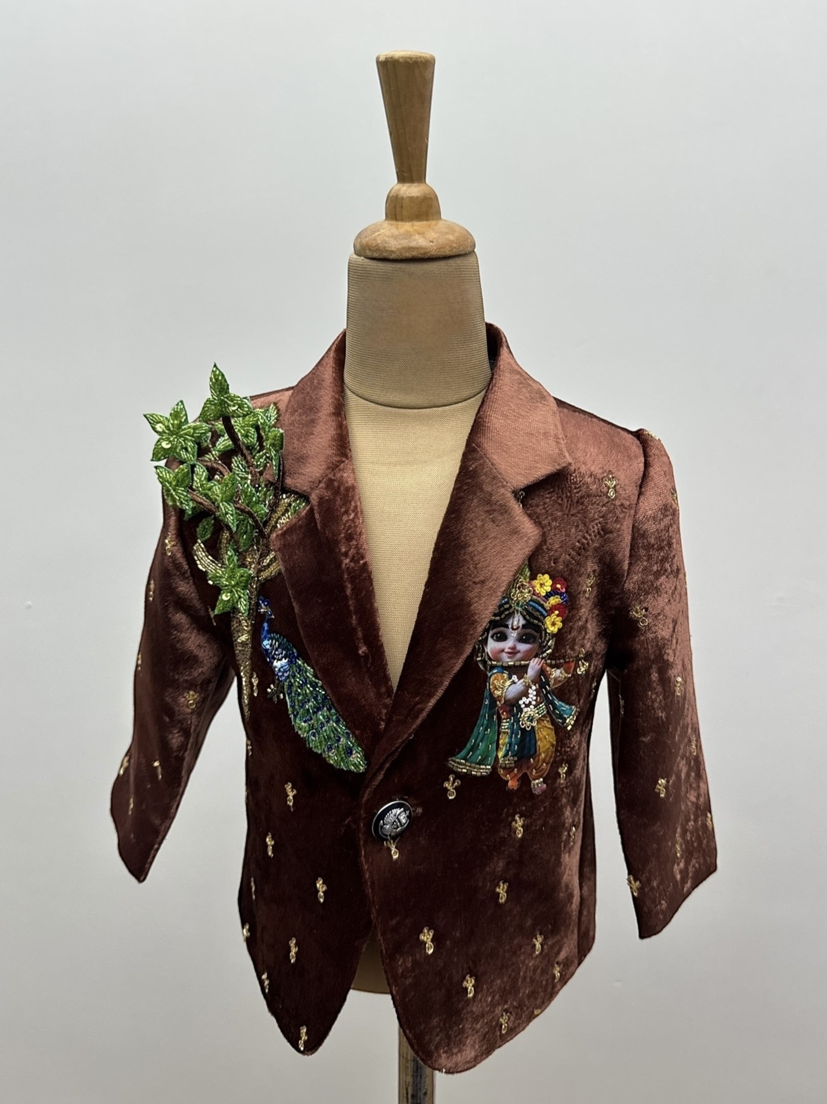 Chocolate Brown Velvet Krishna Peacock Garden Couture Blazer Jacket
