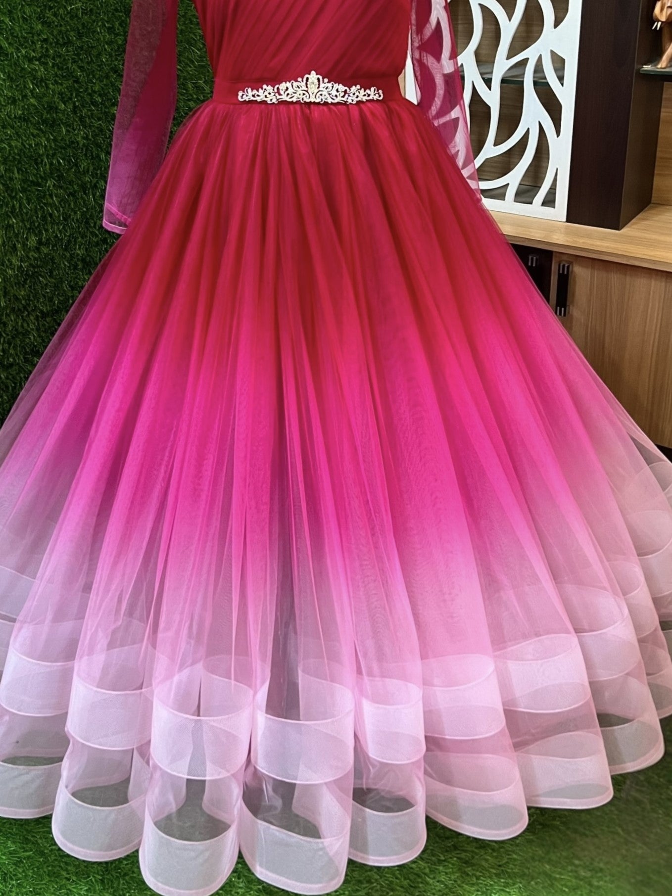 Blush Garnet Twilight Shaded Flow Layered Net Couture Ball Gown