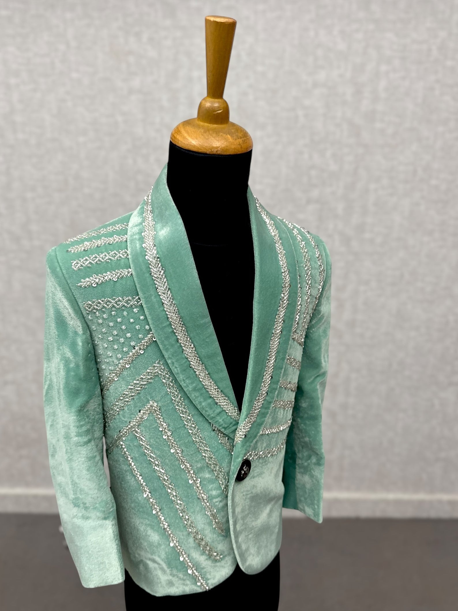 Teal Color Silver Embroidered Blazer with Pant and Shirt