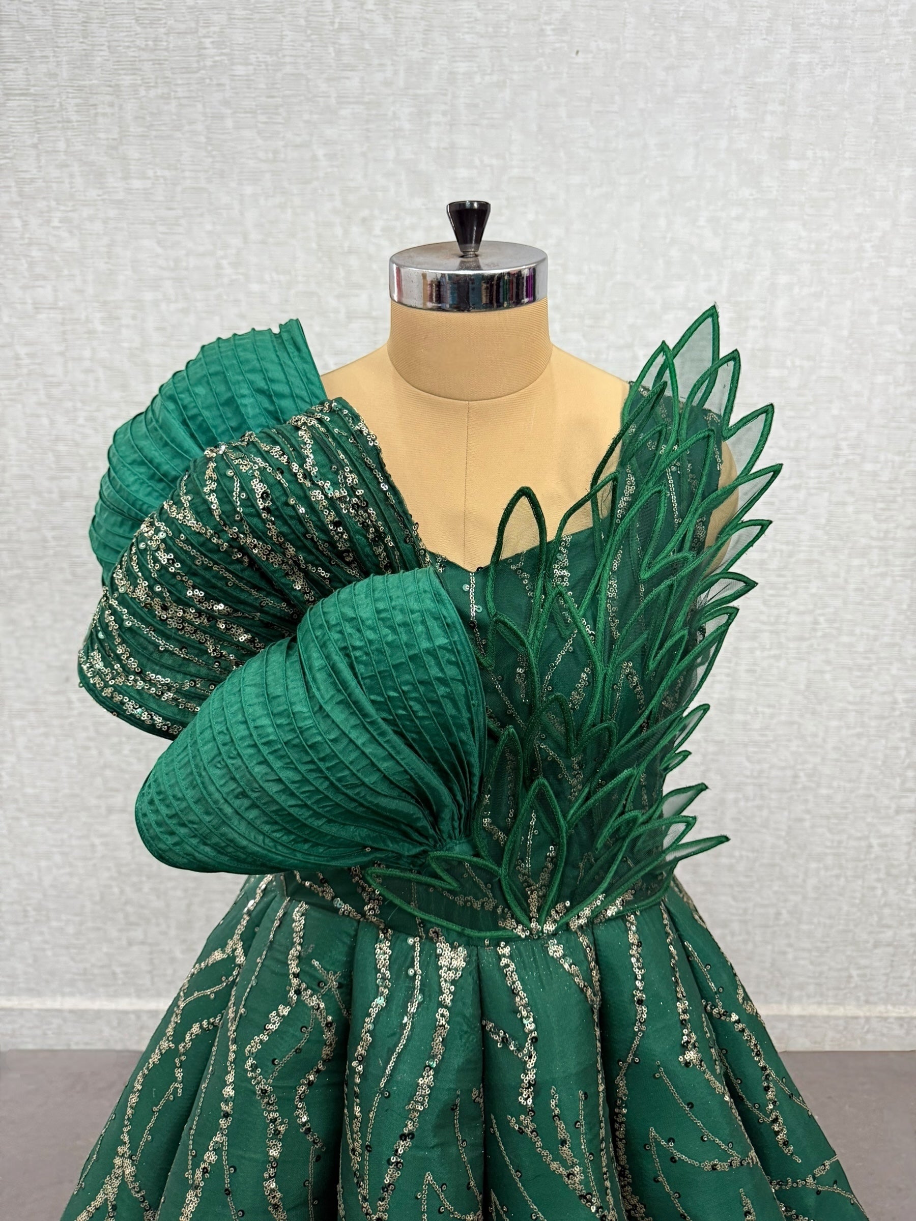 Green Structured Shaded Panel Ball Gown with Embossing Bows and Hand Embroidered Petals