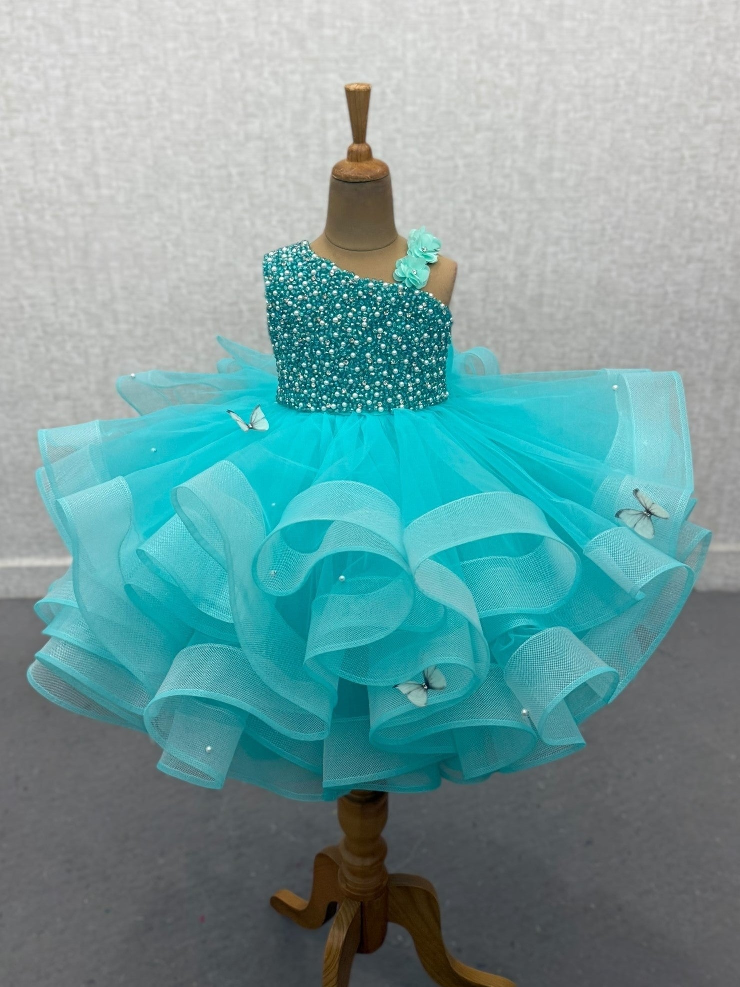 Seafoam Butterfly Bliss Couture gown with intricate work