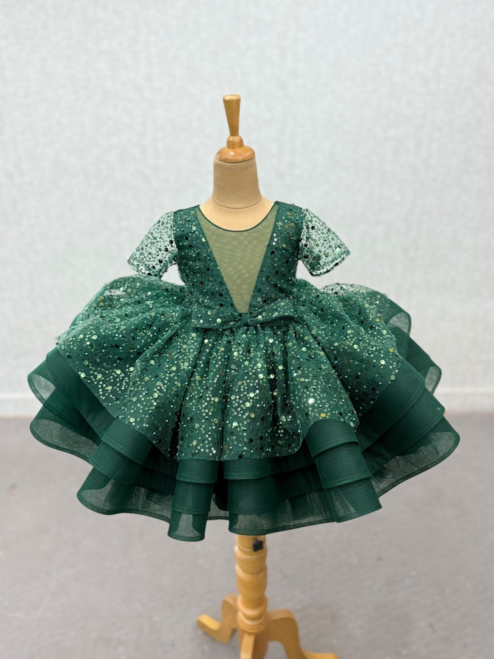 green sequence layer gown with bow