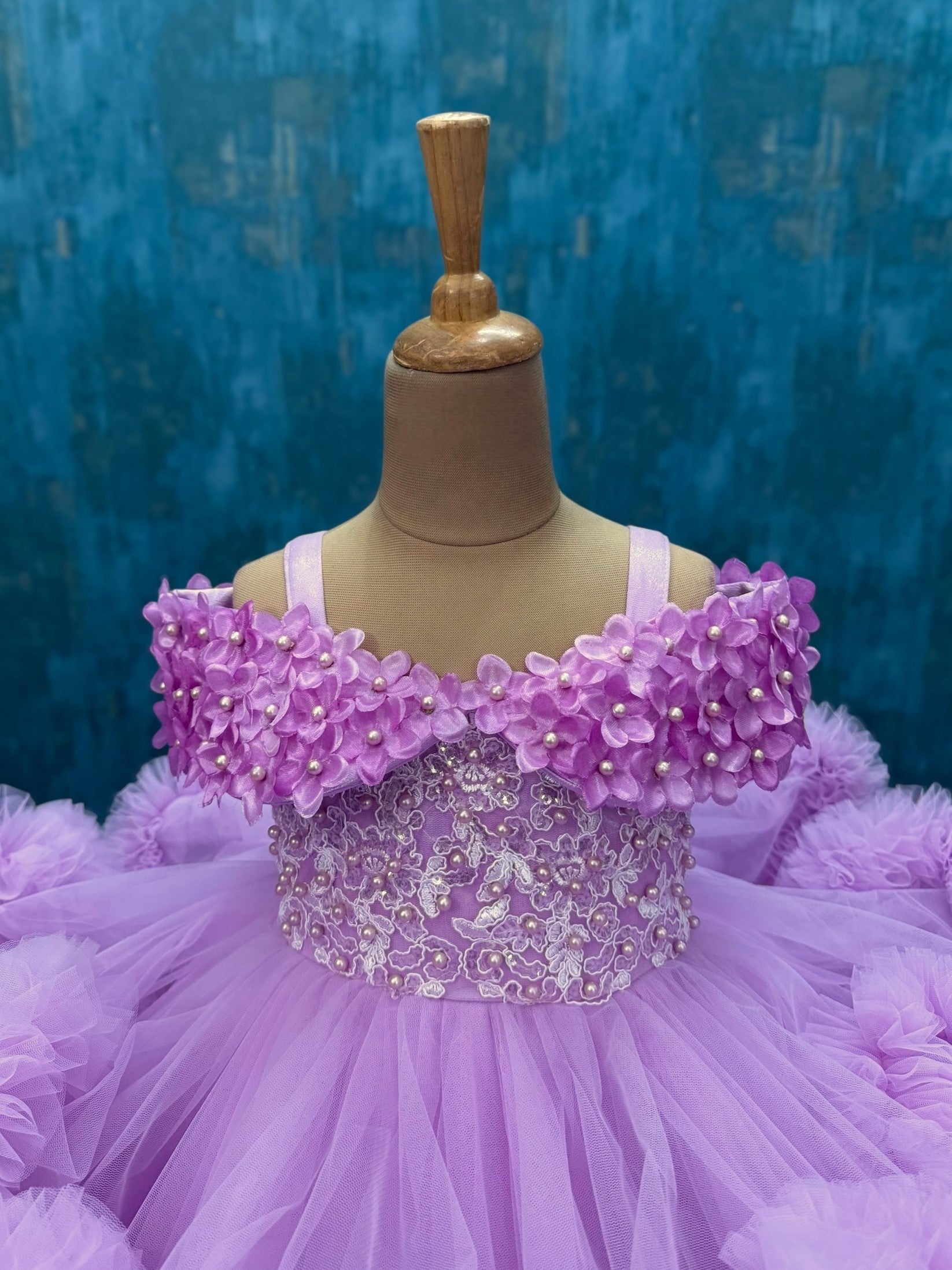 Lavender Cloud Gown with half shoulder floral top