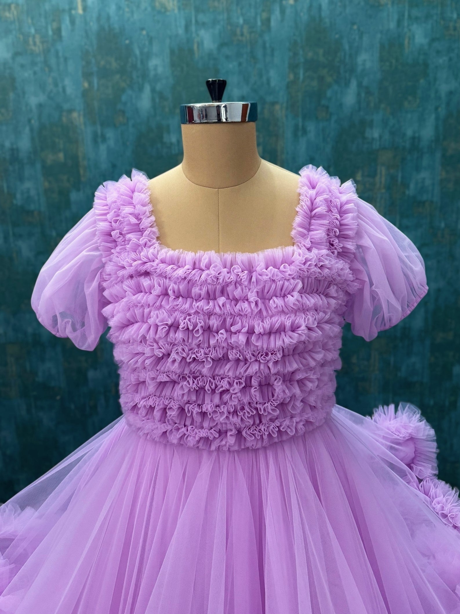 Lilac Ruffle Ball gown with Puffed Sleeves