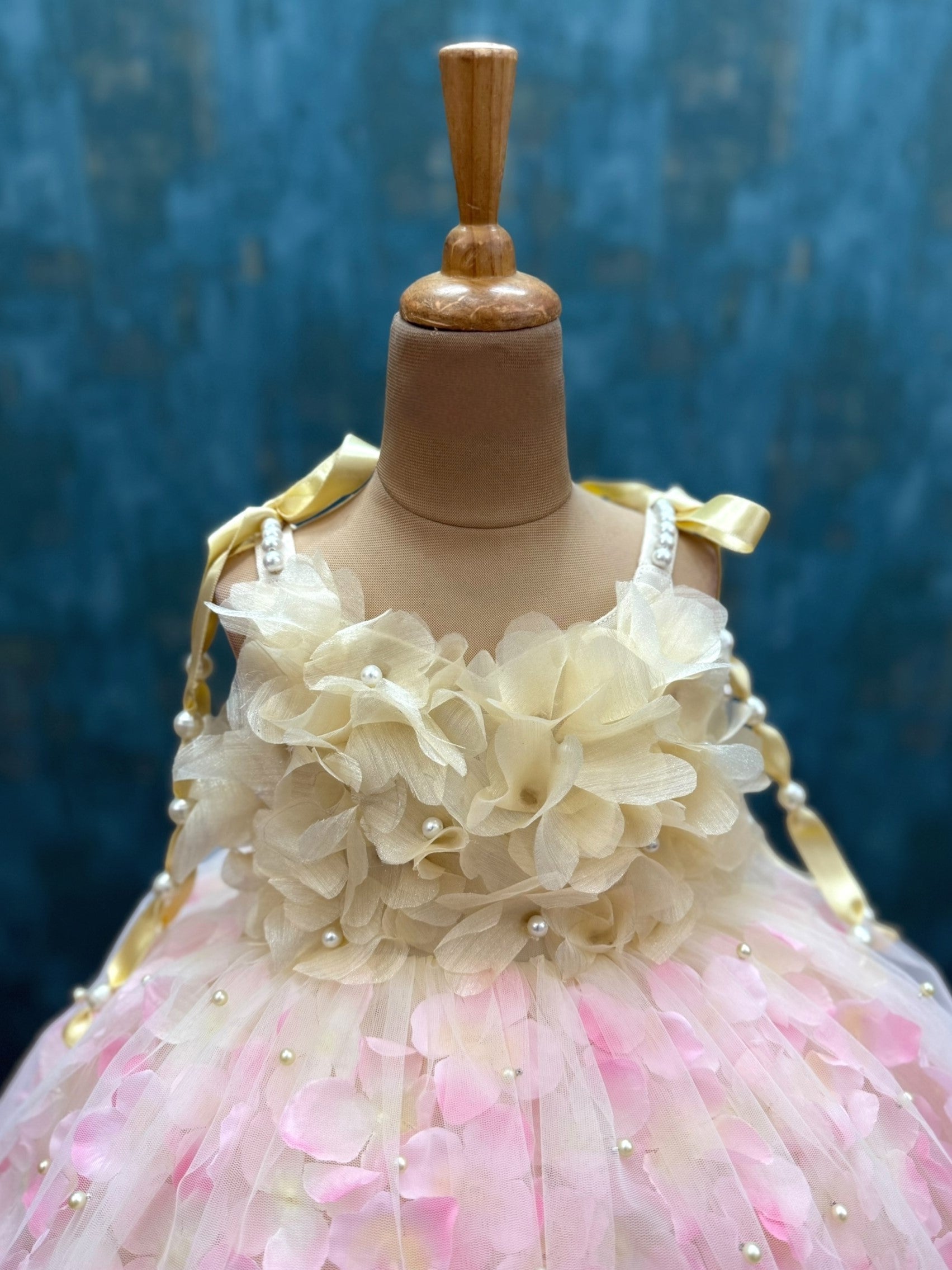 Buttercream high low Bloom Dress with 3d flowers