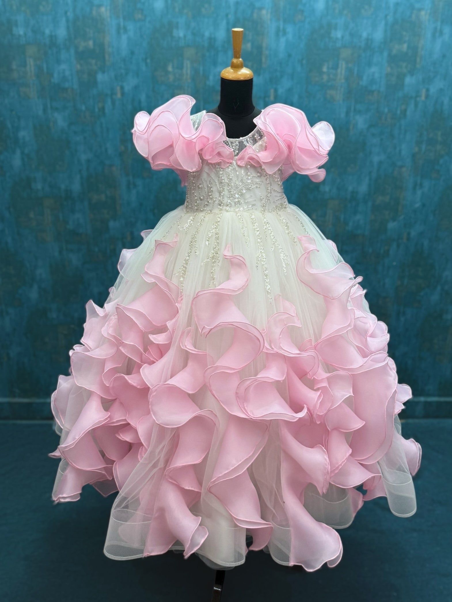 white and pink organza fairy ball gown swirl sleeves