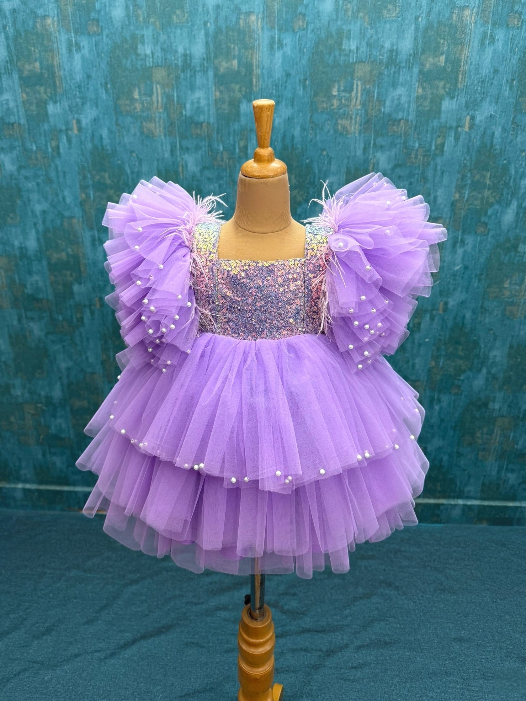 Frosted Lavender Grace Dress with fluffy beaded sleeves