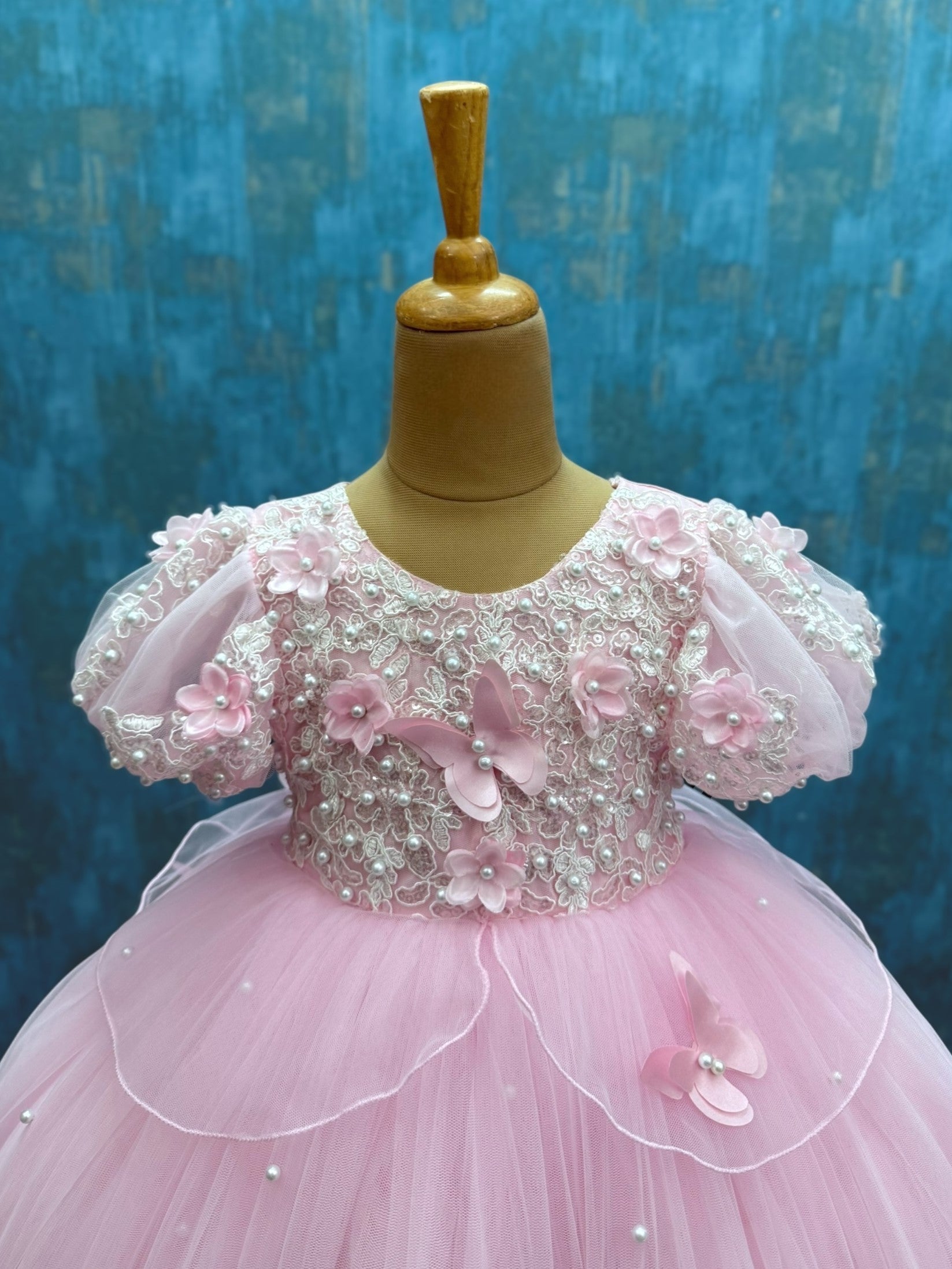 lace and pearl butterfly pink ball gown with puff sleeves
