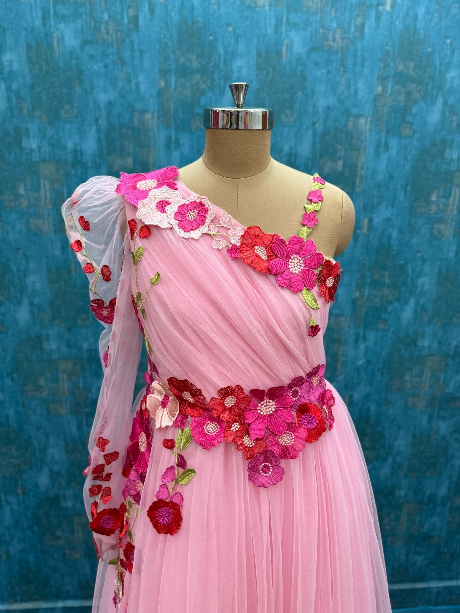 Floral One Shoulder Draped Gown with One side Puff sleeves