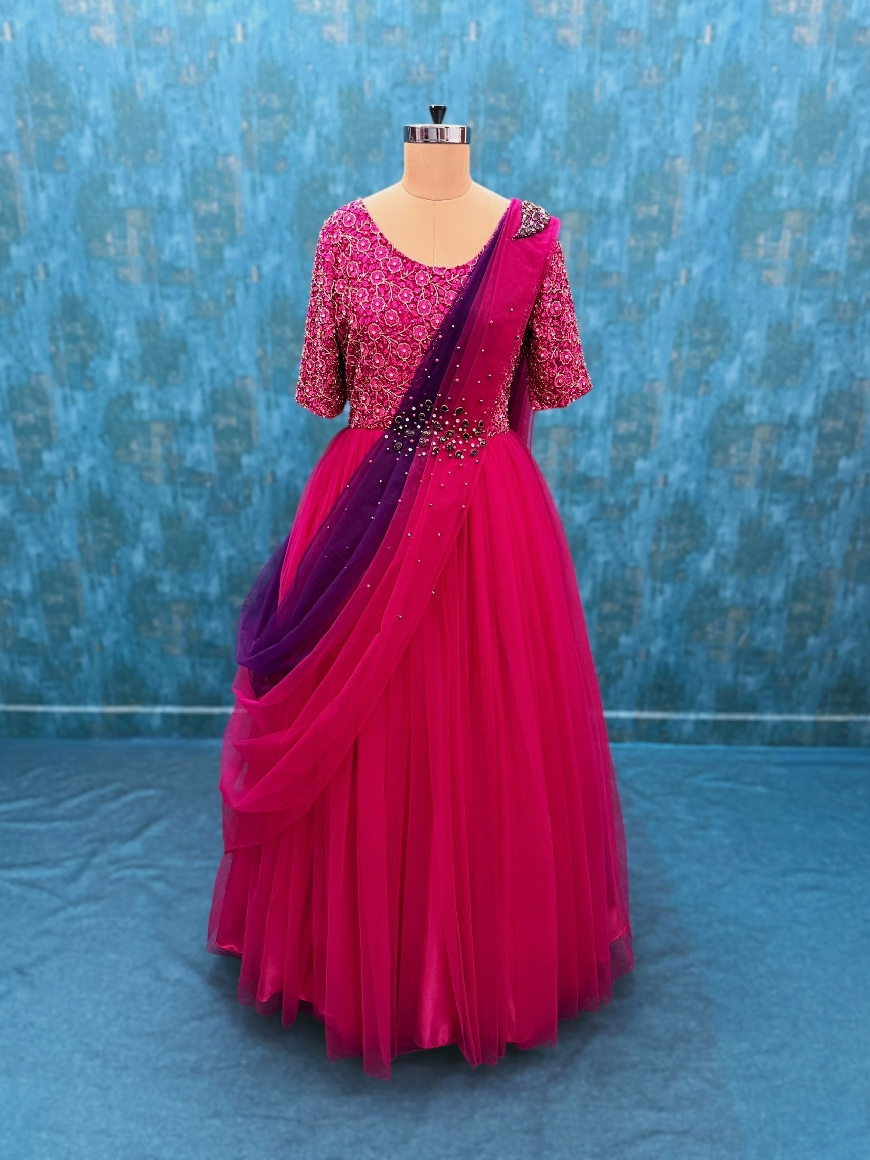 Pink and Purple Draped Dupatta and Intricate Hand work