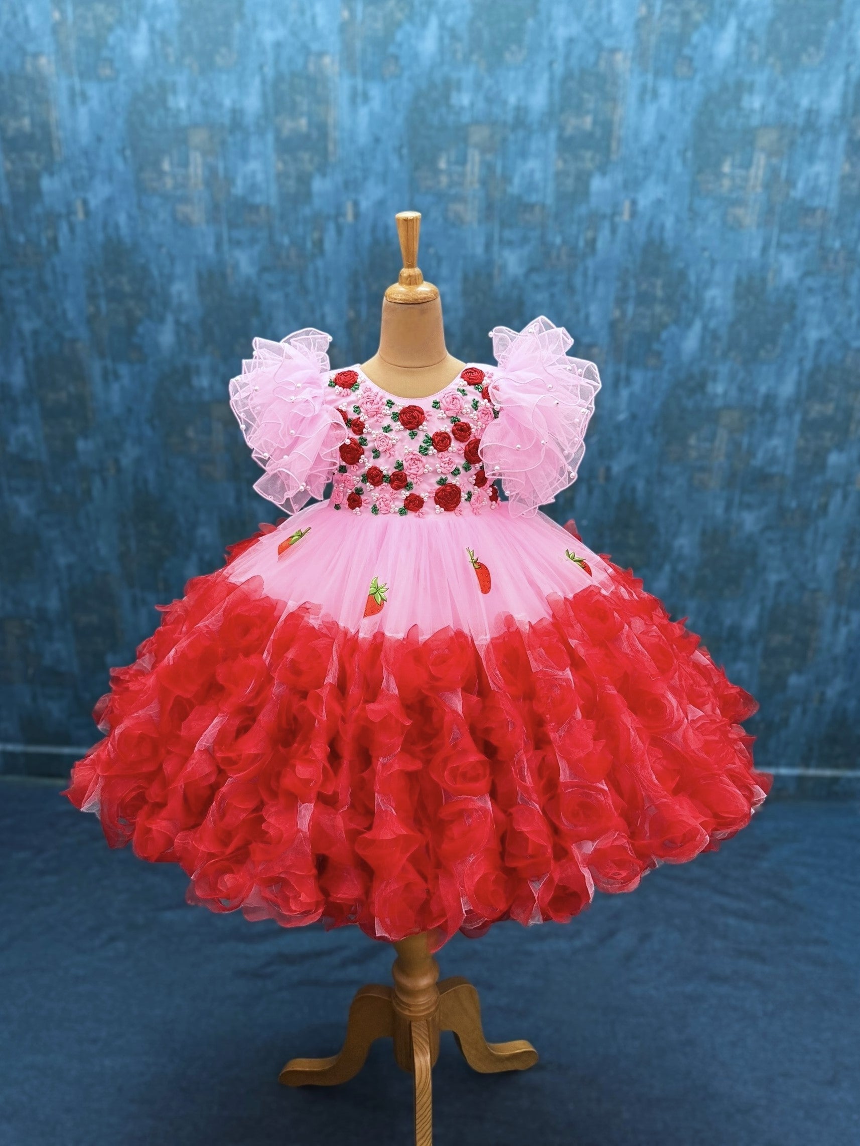 pink and Strawberry Blossom rosalina Princess ball gown with ribbon work top