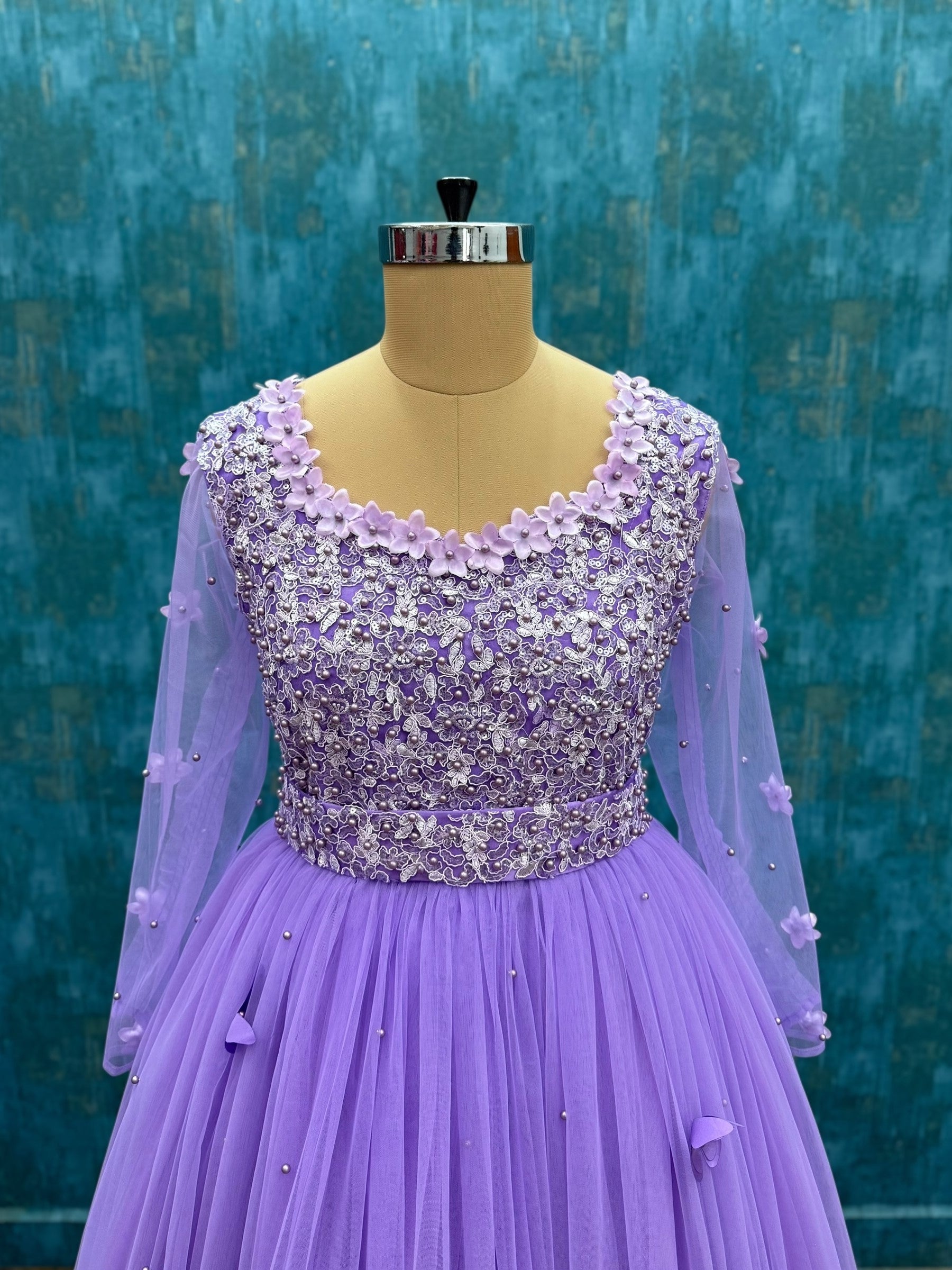 Royal Lilac Lace and Pearl work dress with flowers and butterflies