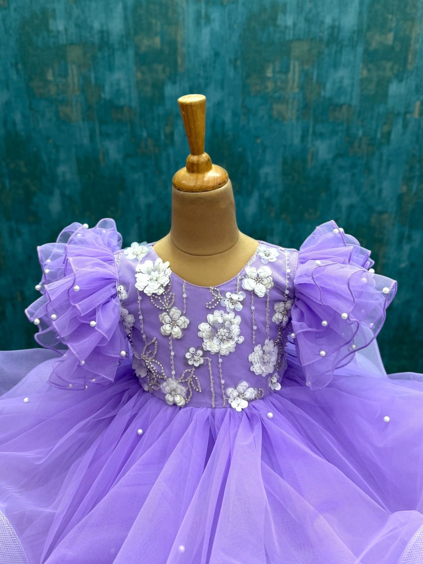LAVENDER FLORAL PRINCESS RUFFLE GOWN WITH RUFFLE SLEEVES