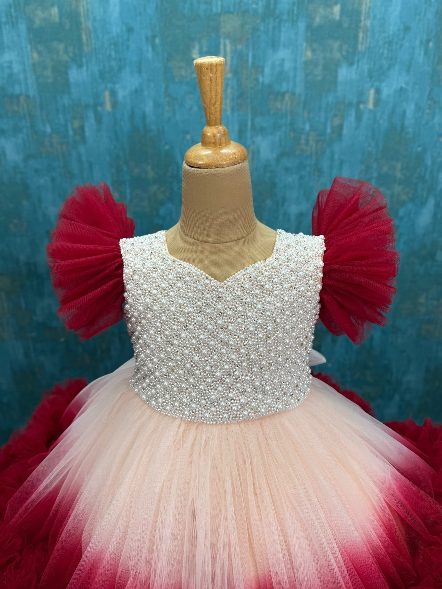 PEACH AND MAROON 3D RUFFLE DRESS WITH PEARL INTRICATE WORK