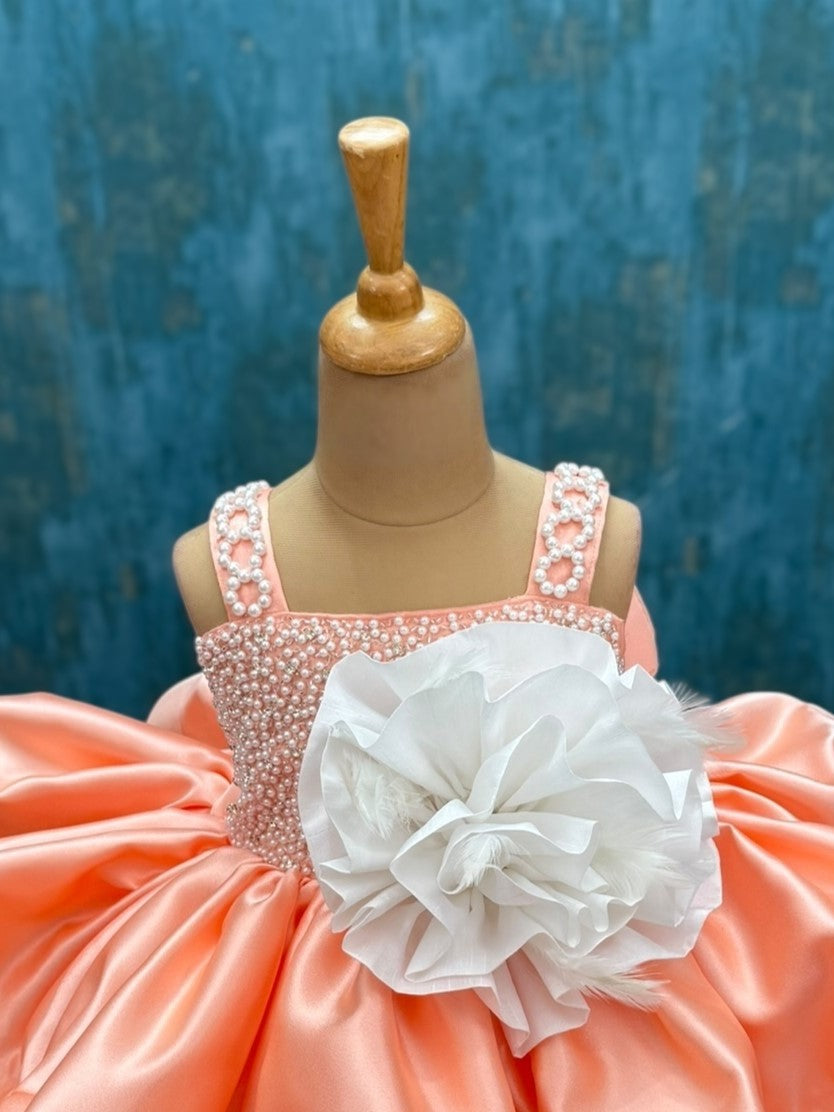 peach satin dress with pearl strap and pearl embroidered top
