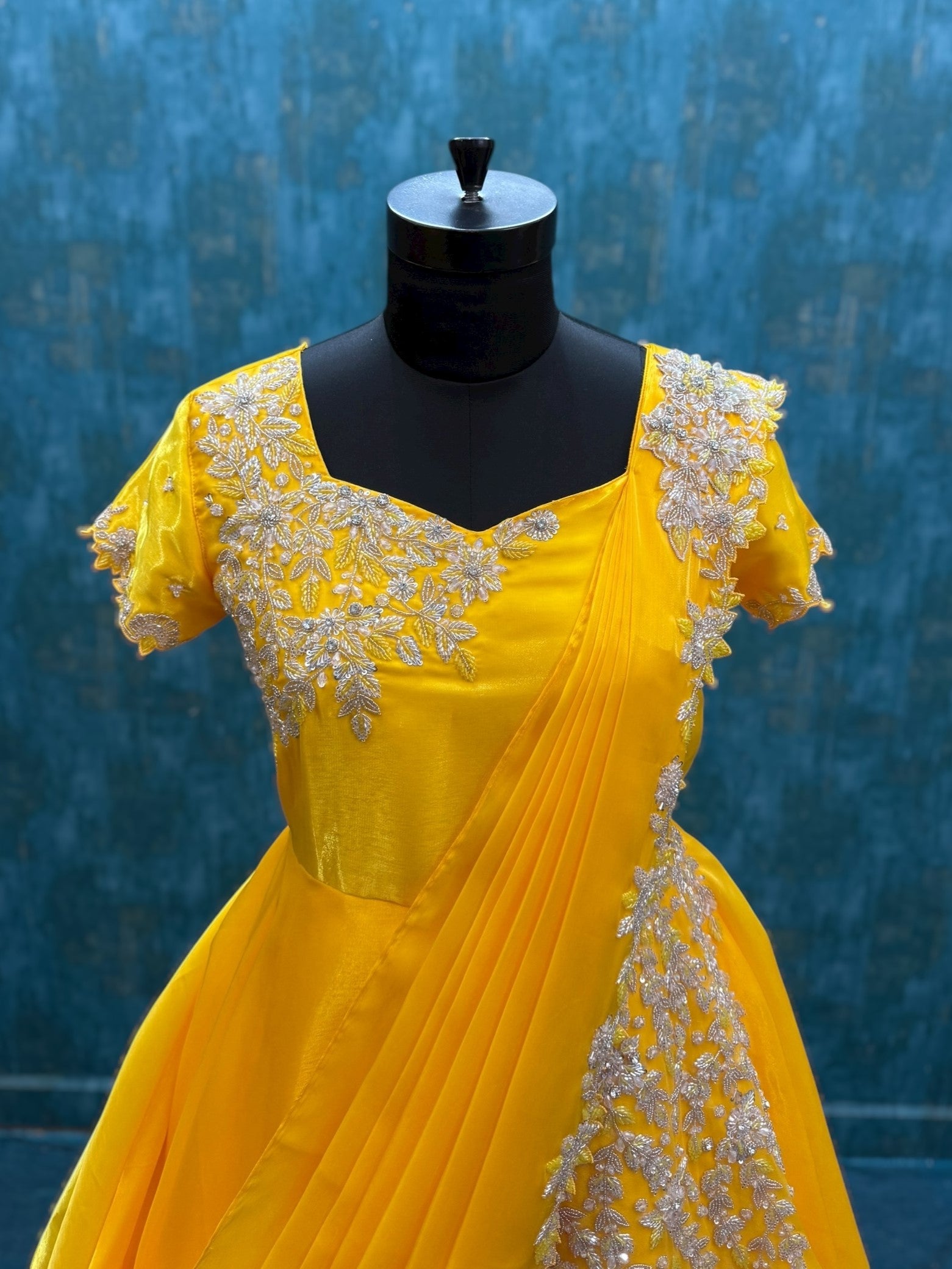 Yellow Crystal Embroidered Layer saree gown with Graphed Dupatta