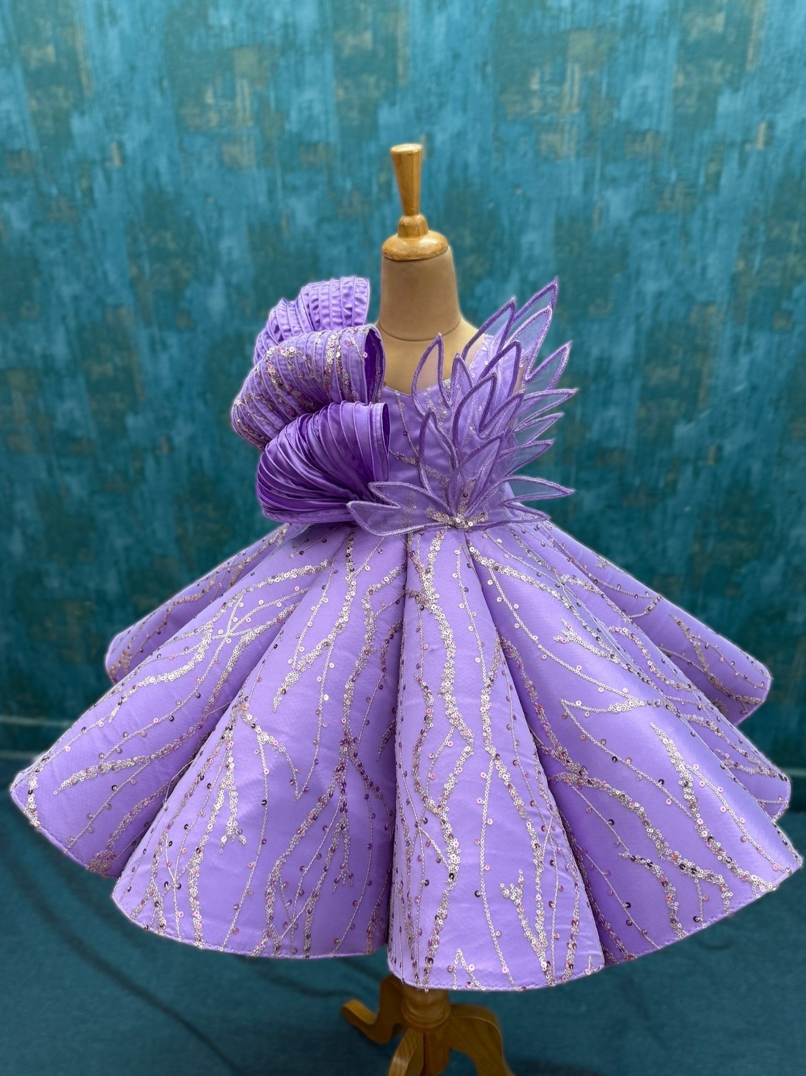 lavender Structured Panel Ball Gown with Embossing Bows and Hand Embroidered Petals